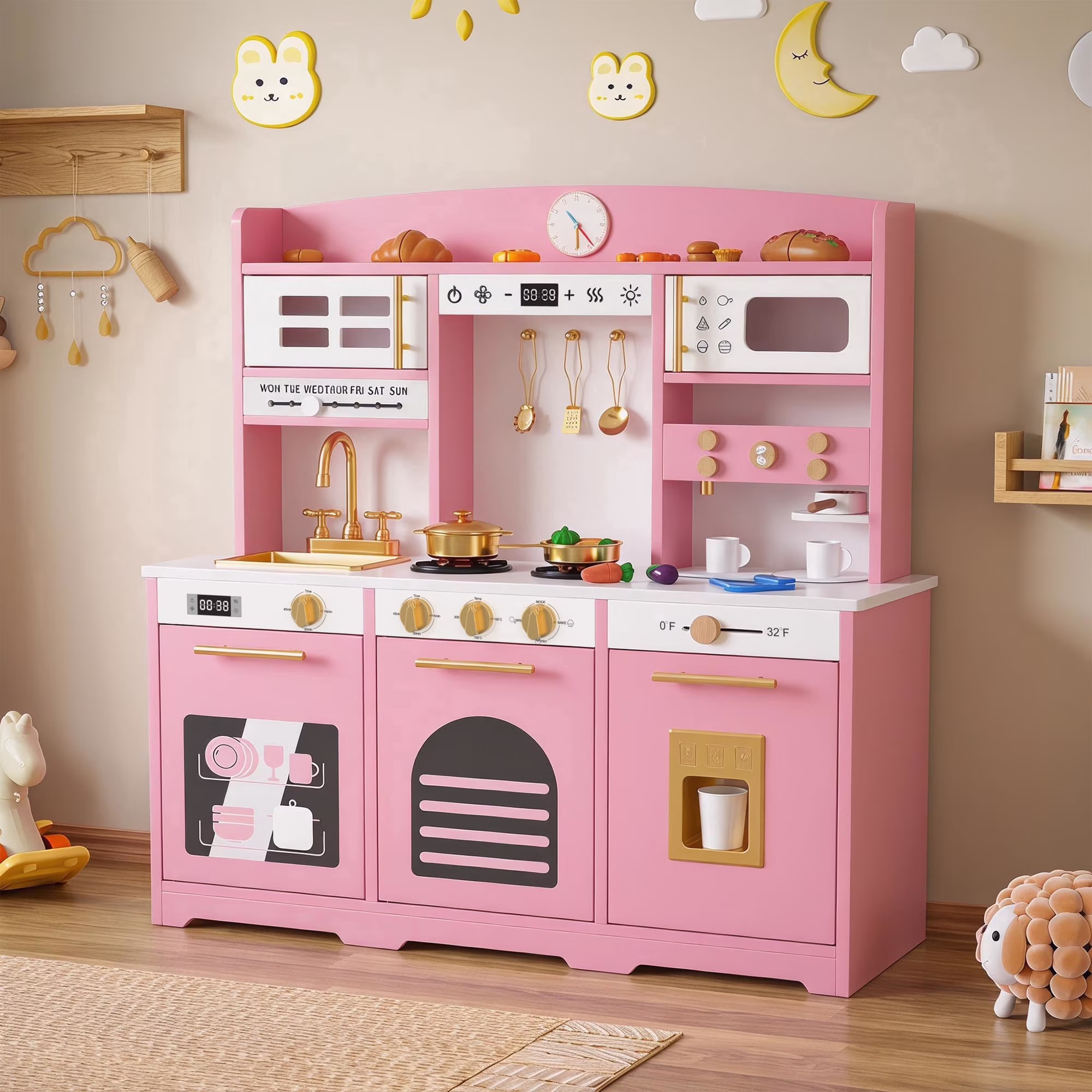 Reasea Kids Wooden Play Kitchen Set , Toddler Toy Kitchen Playset with 24 Accessories, Realistic Appliances & Storage for Kids Ages 3+