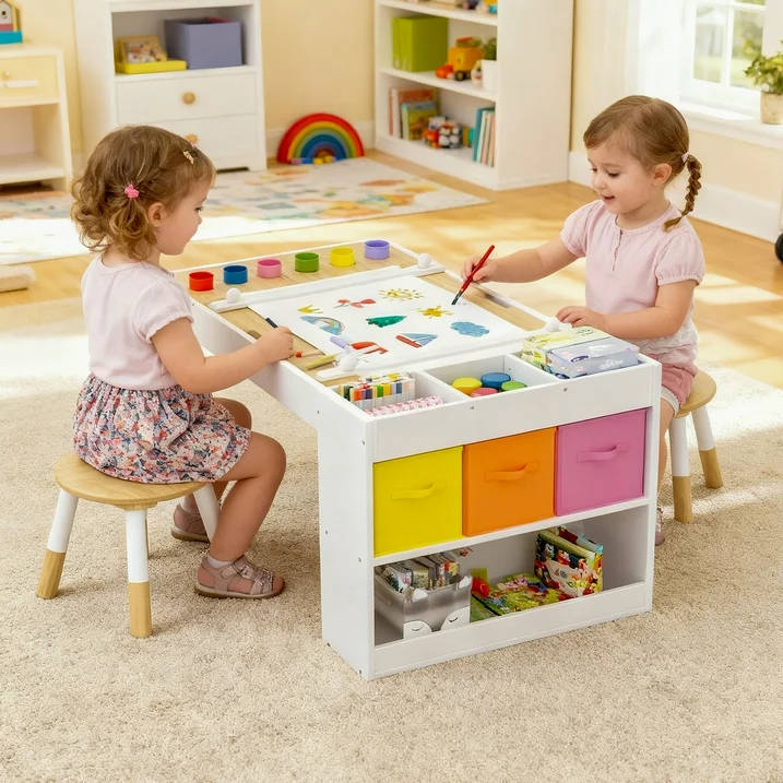 Reasea Kids Art Table and Chair Set,Kids Craft Table with Storage,6 Pen Holders,Paper Roll Holder