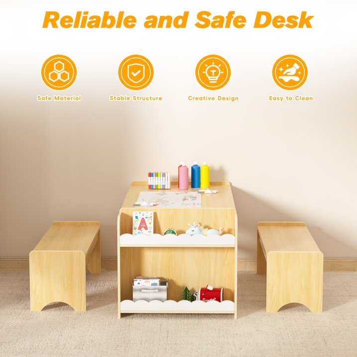 Reasea Wooden Kids Table and Chair Set, Montessori Activity Table with Storage, Toddler Craft Desk