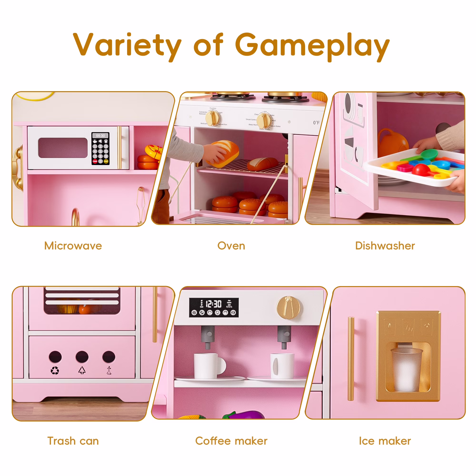 Reasea Play Kitchen for Kids, Wooden Kids Kitchen Playset with Realistic Lights & Sounds, Toy Kitchen Set with Smart Storage & Fun Accessories, Gift for Ages 3+