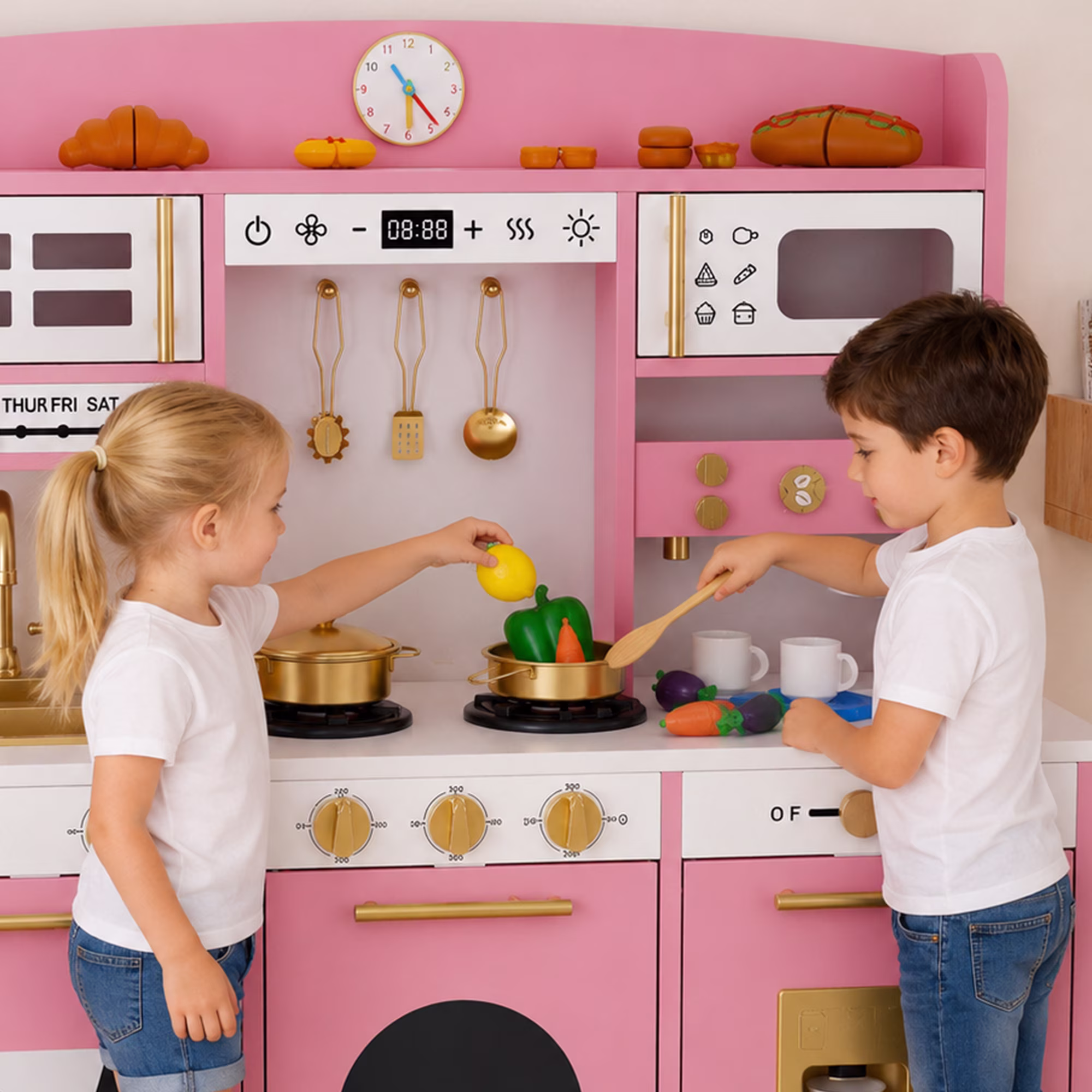 Reasea Kids Wooden Play Kitchen Set , Toddler Toy Kitchen Playset with 24 Accessories, Realistic Appliances & Storage for Kids Ages 3+