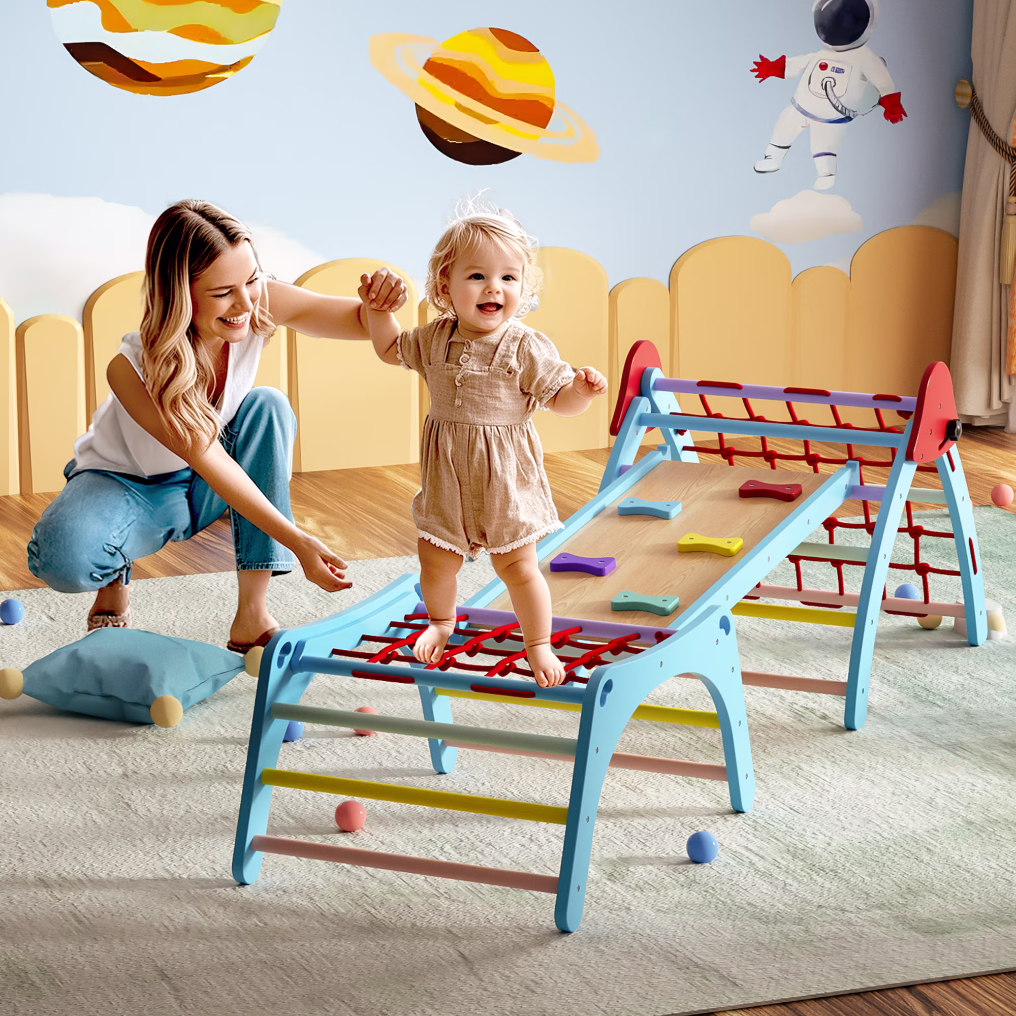 Reasea Pikler Triangle Climbing Set, Montessori 5-in-1 Kids Climbing Set, Indoor Jungle Gym for Baby, Toddlers, 3-Pieces