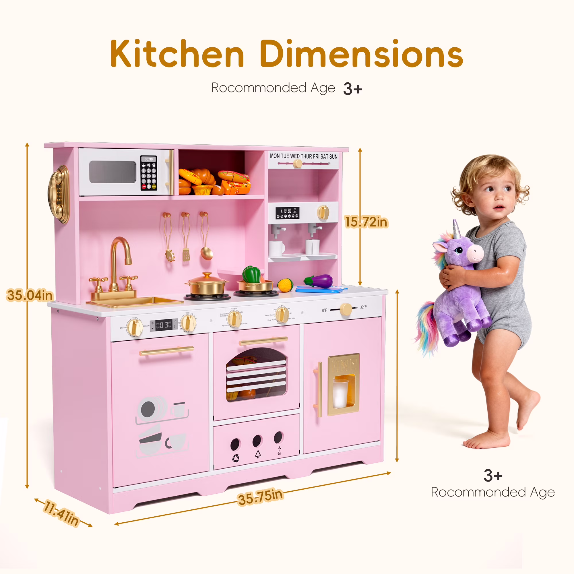 Reasea Play Kitchen for Kids, Wooden Kids Kitchen Playset with Realistic Lights & Sounds, Toy Kitchen Set with Smart Storage & Fun Accessories, Gift for Ages 3+
