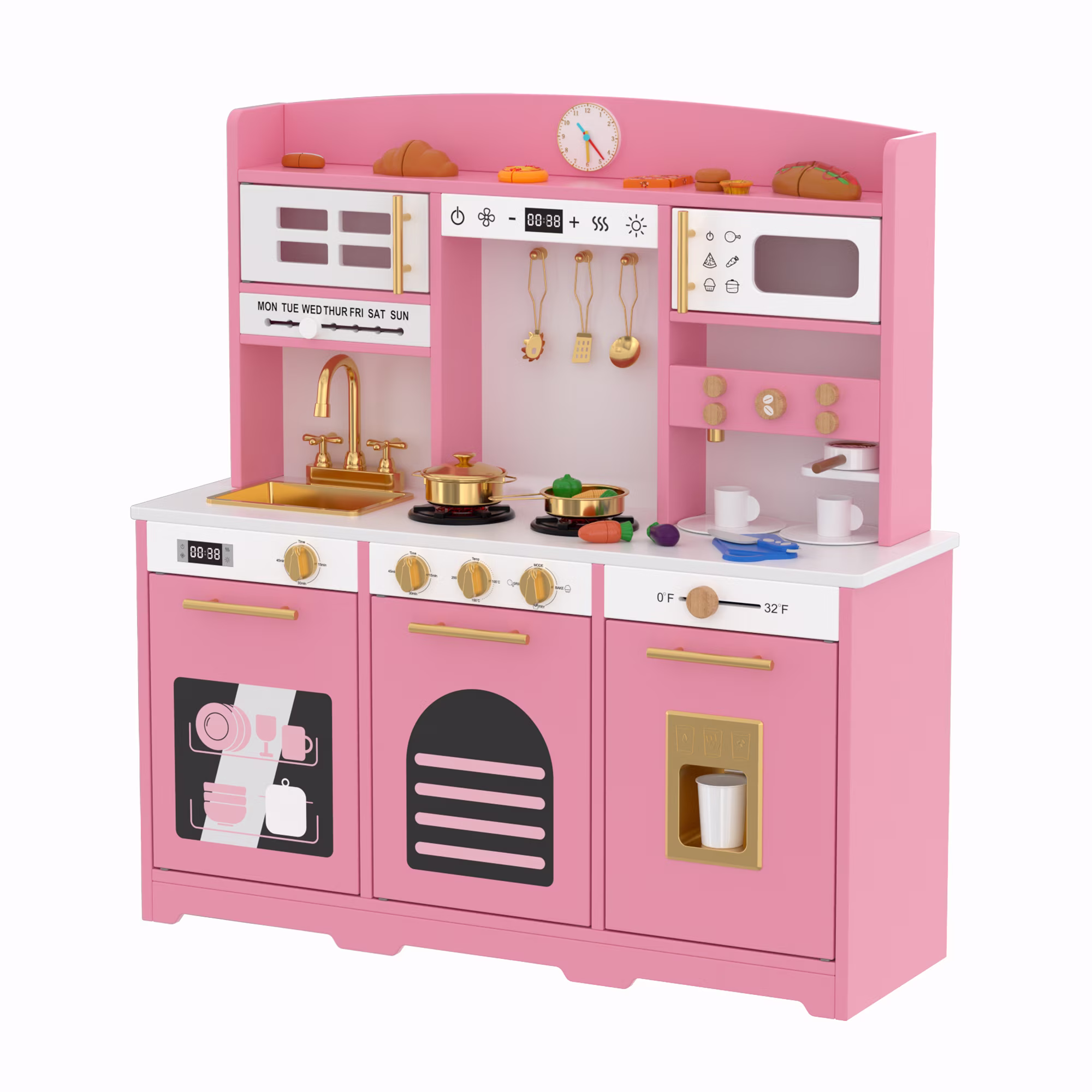 Reasea Kids Wooden Play Kitchen Set , Toddler Toy Kitchen Playset with 24 Accessories, Realistic Appliances & Storage for Kids Ages 3+
