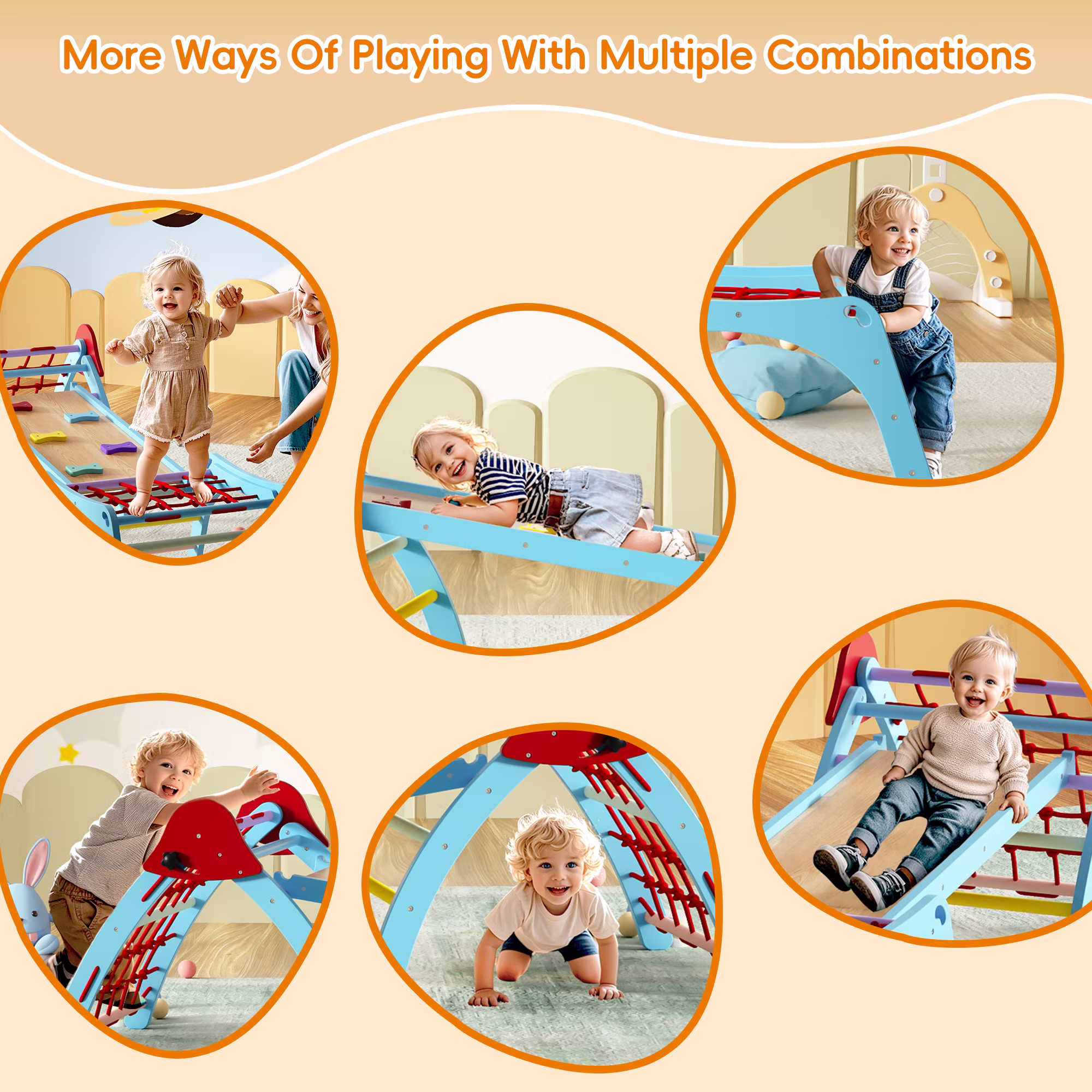 Reasea Pikler Triangle Climbing Set, Montessori 5-in-1 Kids Climbing Set, Indoor Jungle Gym for Baby, Toddlers, 3-Pieces