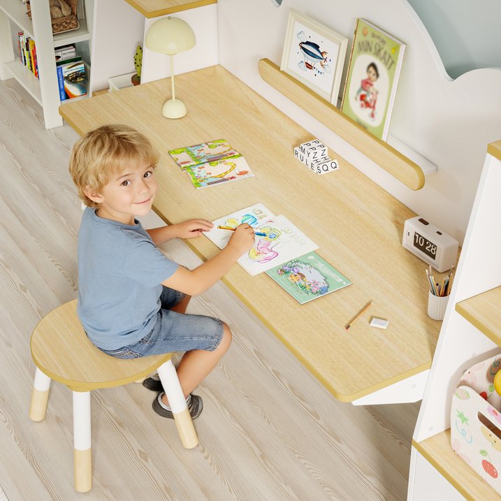 Reasea Wooden Kids Double Study Desk and Chair Set, Extra Large Children Writing Table, Student Study Table, Kids Desk with Book & Toy Storage