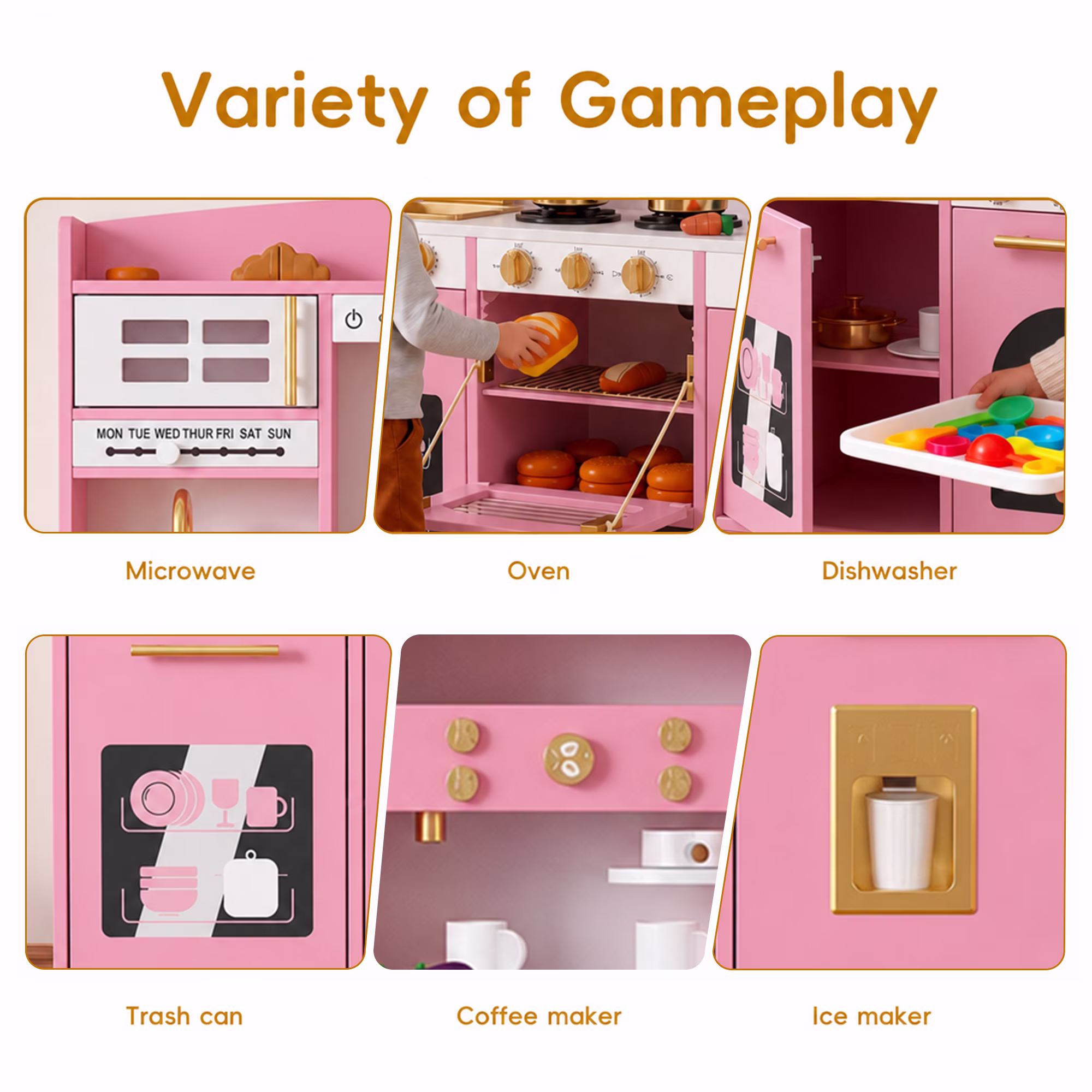 Reasea Kids Wooden Play Kitchen Set , Toddler Toy Kitchen Playset with 24 Accessories, Realistic Appliances & Storage for Kids Ages 3+