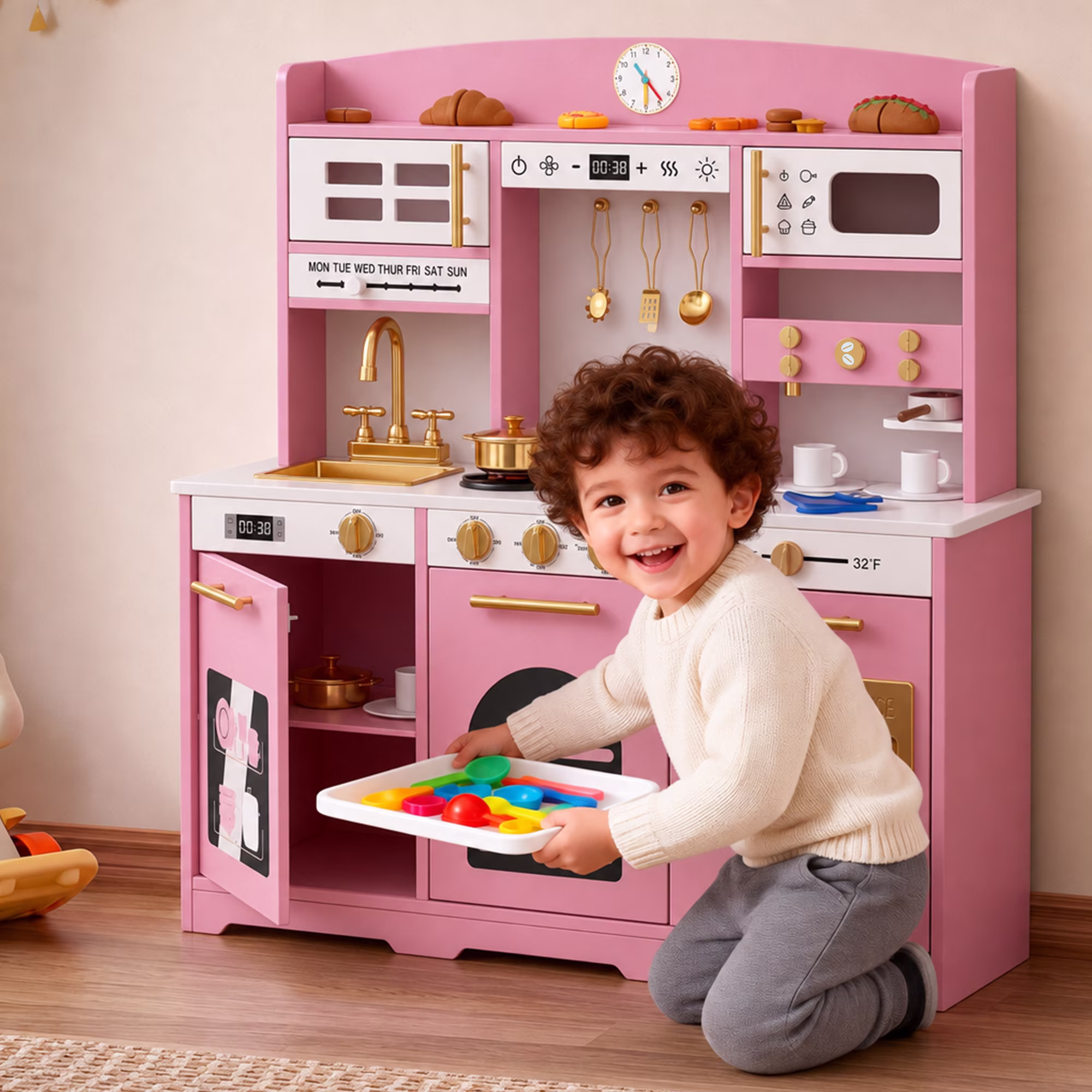 Reasea Kids Wooden Play Kitchen Set , Toddler Toy Kitchen Playset with 24 Accessories, Realistic Appliances & Storage for Kids Ages 3+