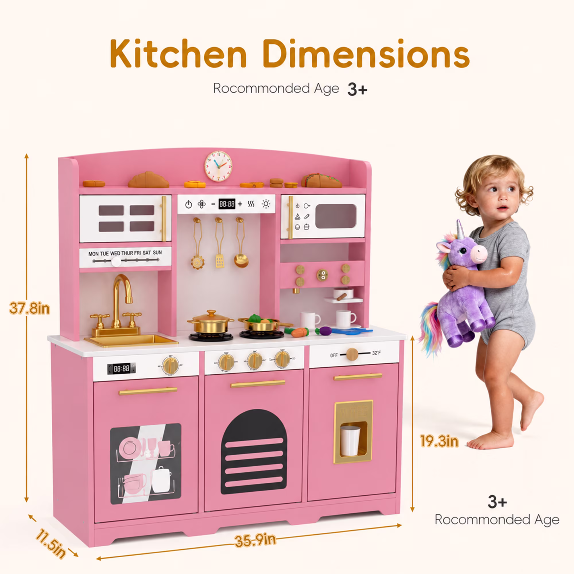 Reasea Kids Wooden Play Kitchen Set , Toddler Toy Kitchen Playset with 24 Accessories, Realistic Appliances & Storage for Kids Ages 3+