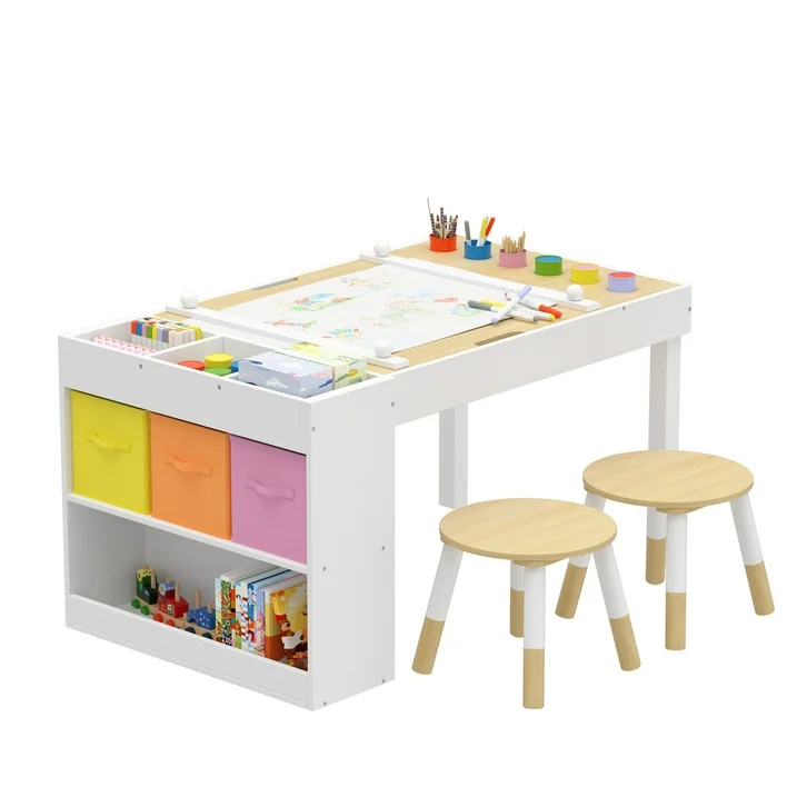 Reasea Kids Art Table and Chair Set,Kids Craft Table with Storage,6 Pen Holders,Paper Roll Holder