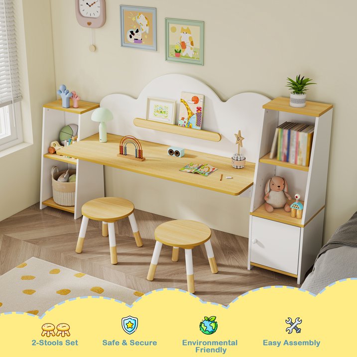Reasea Wooden Kids Double Study Desk and Chair Set, Extra Large Children Writing Table, Student Study Table, Kids Desk with Book & Toy Storage