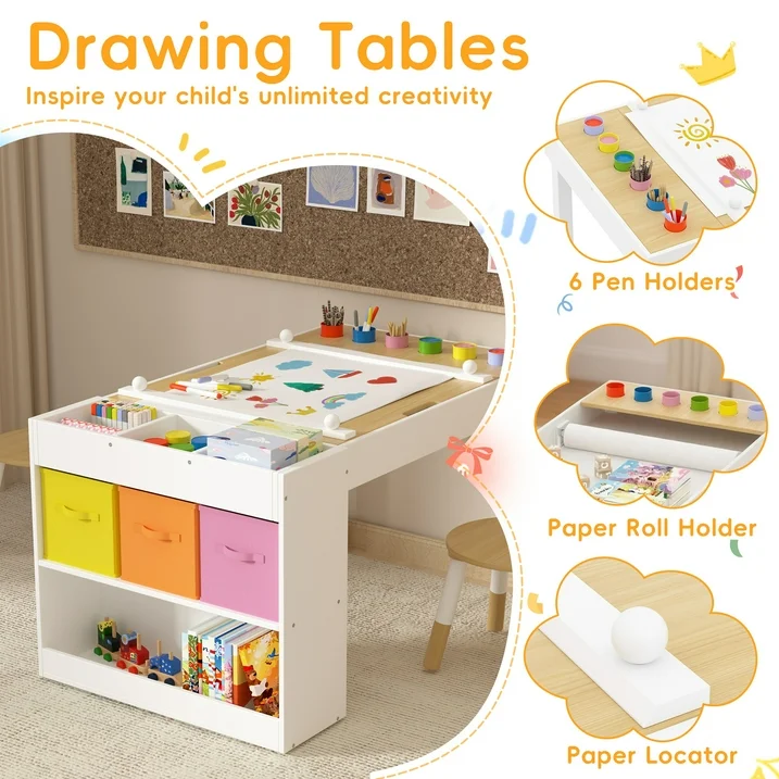 Reasea Kids Art Table and Chair Set,Kids Craft Table with Storage,6 Pen Holders,Paper Roll Holder