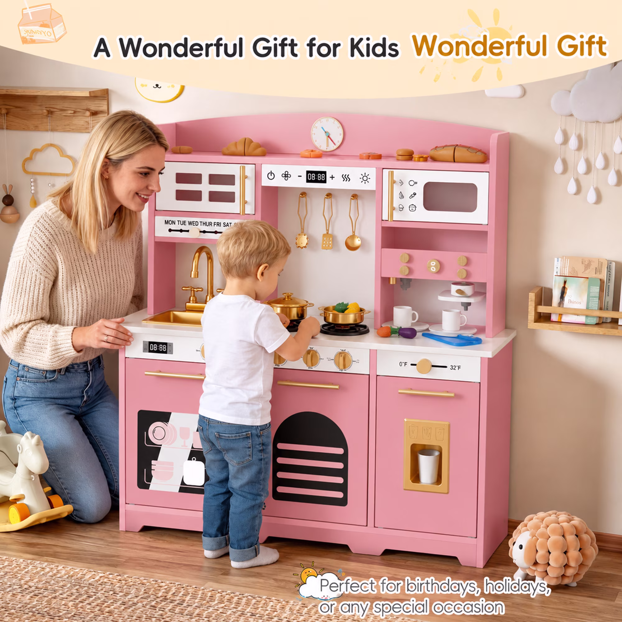 Reasea Kids Wooden Play Kitchen Set , Toddler Toy Kitchen Playset with 24 Accessories, Realistic Appliances & Storage for Kids Ages 3+