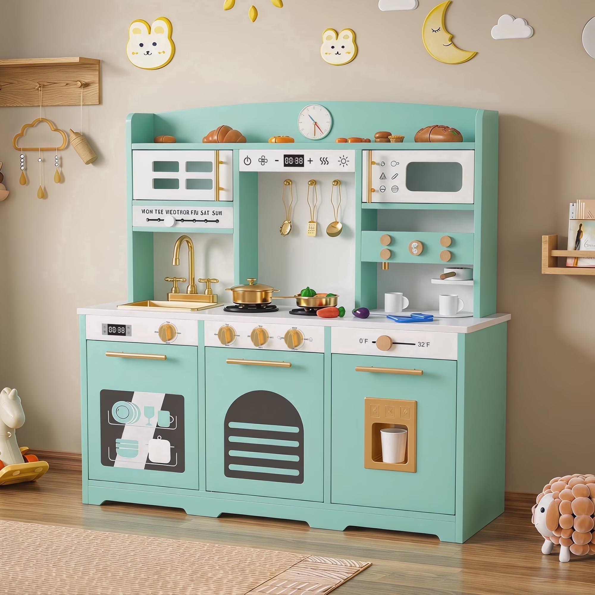Reasea Kids Wooden Play Kitchen Set , Toddler Toy Kitchen Playset with 24 Accessories, Realistic Appliances & Storage for Kids Ages 3+