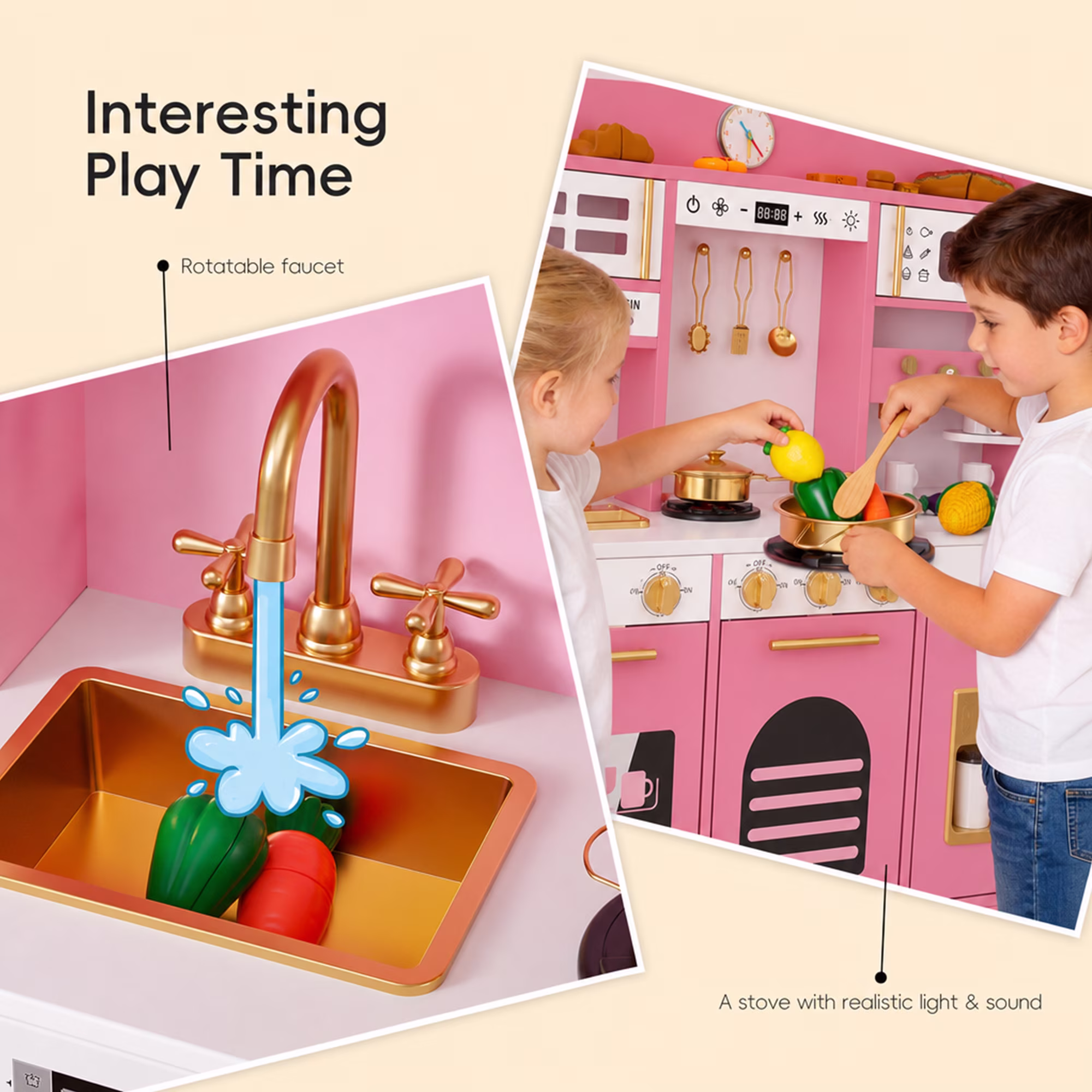 Reasea Kids Wooden Play Kitchen Set , Toddler Toy Kitchen Playset with 24 Accessories, Realistic Appliances & Storage for Kids Ages 3+