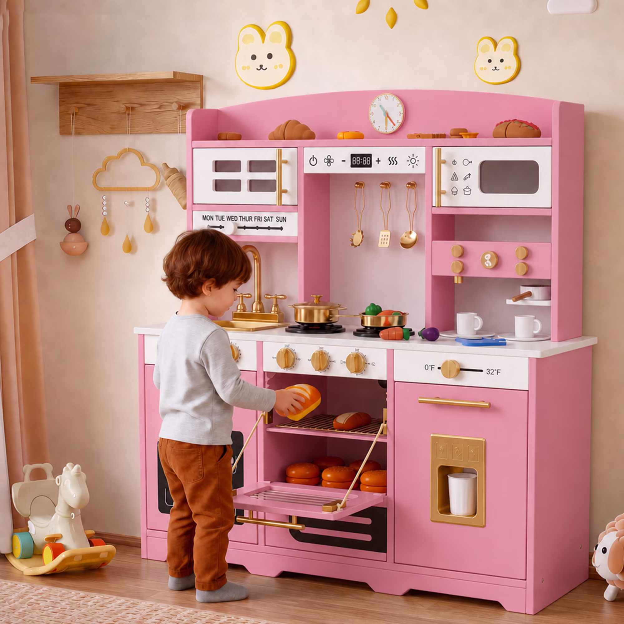 Reasea Kids Wooden Play Kitchen Set , Toddler Toy Kitchen Playset with 24 Accessories, Realistic Appliances & Storage for Kids Ages 3+