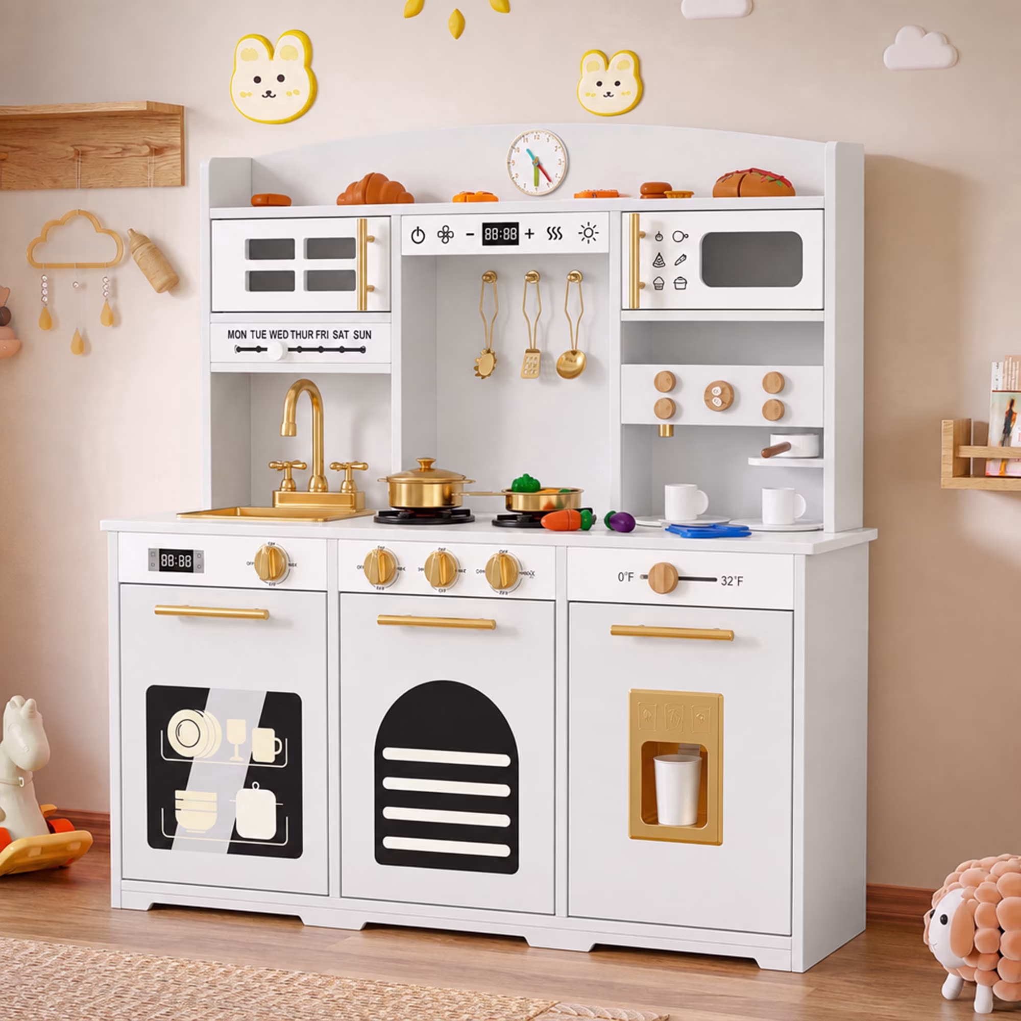 Reasea Kids Wooden Play Kitchen Set , Toddler Toy Kitchen Playset with 24 Accessories, Realistic Appliances & Storage for Kids Ages 3+