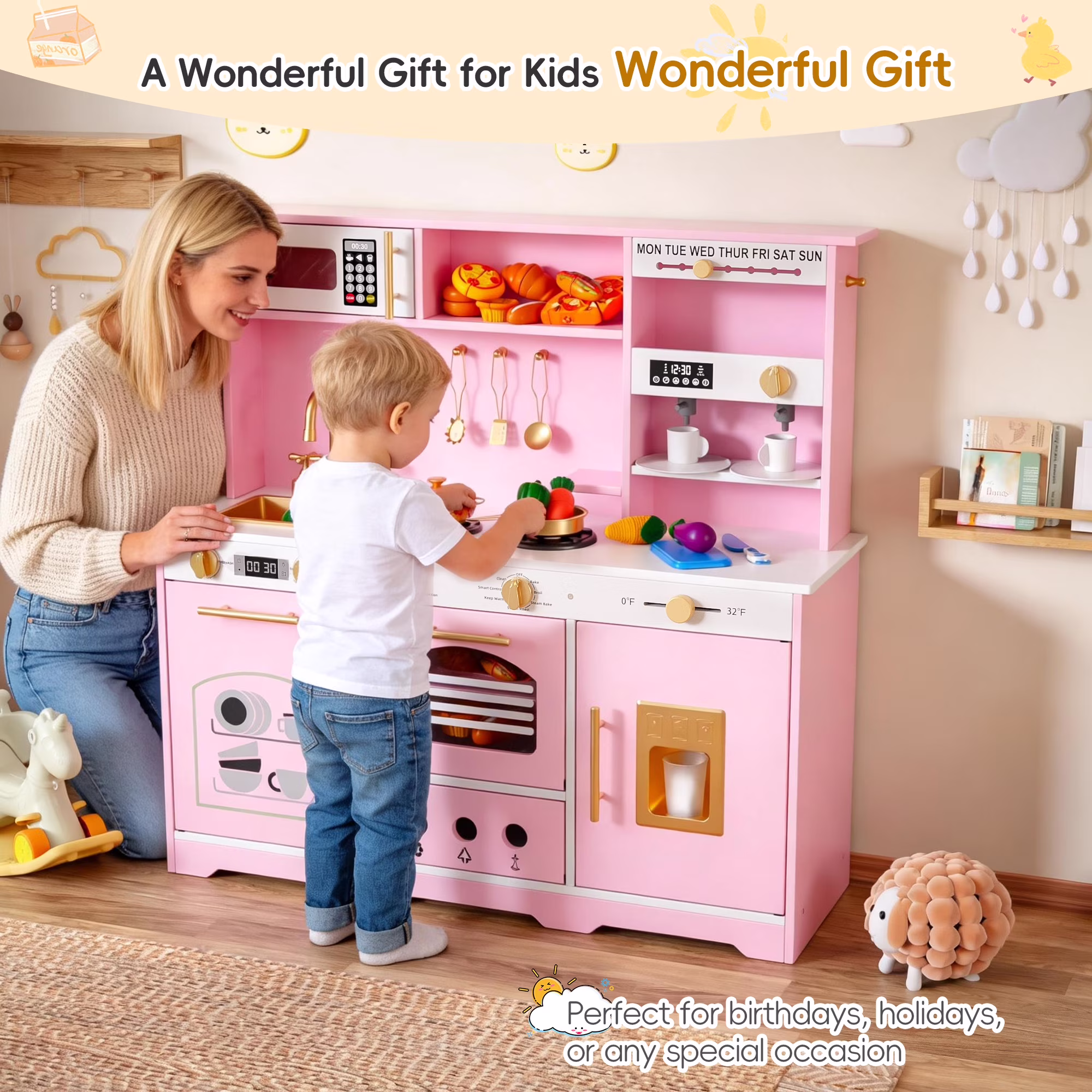 Reasea Play Kitchen for Kids, Wooden Kids Kitchen Playset with Realistic Lights & Sounds, Toy Kitchen Set with Smart Storage & Fun Accessories, Gift for Ages 3+