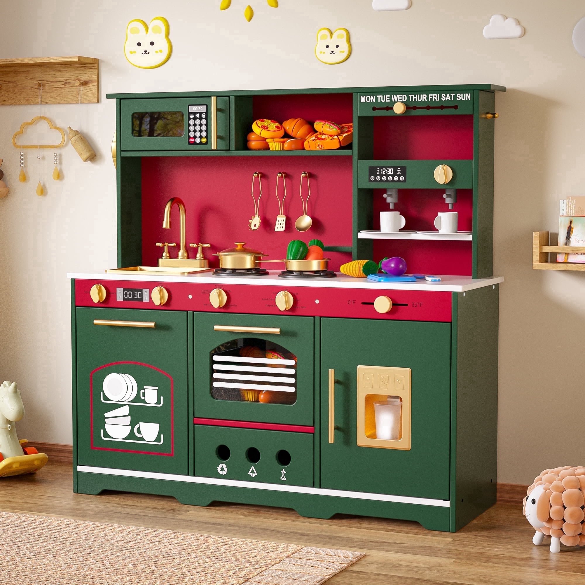 Reasea Play Kitchen for Kids, Wooden Kids Kitchen Playset with Realistic Lights & Sounds, Toy Kitchen Set with Smart Storage & Fun Accessories, Gift for Ages 3+