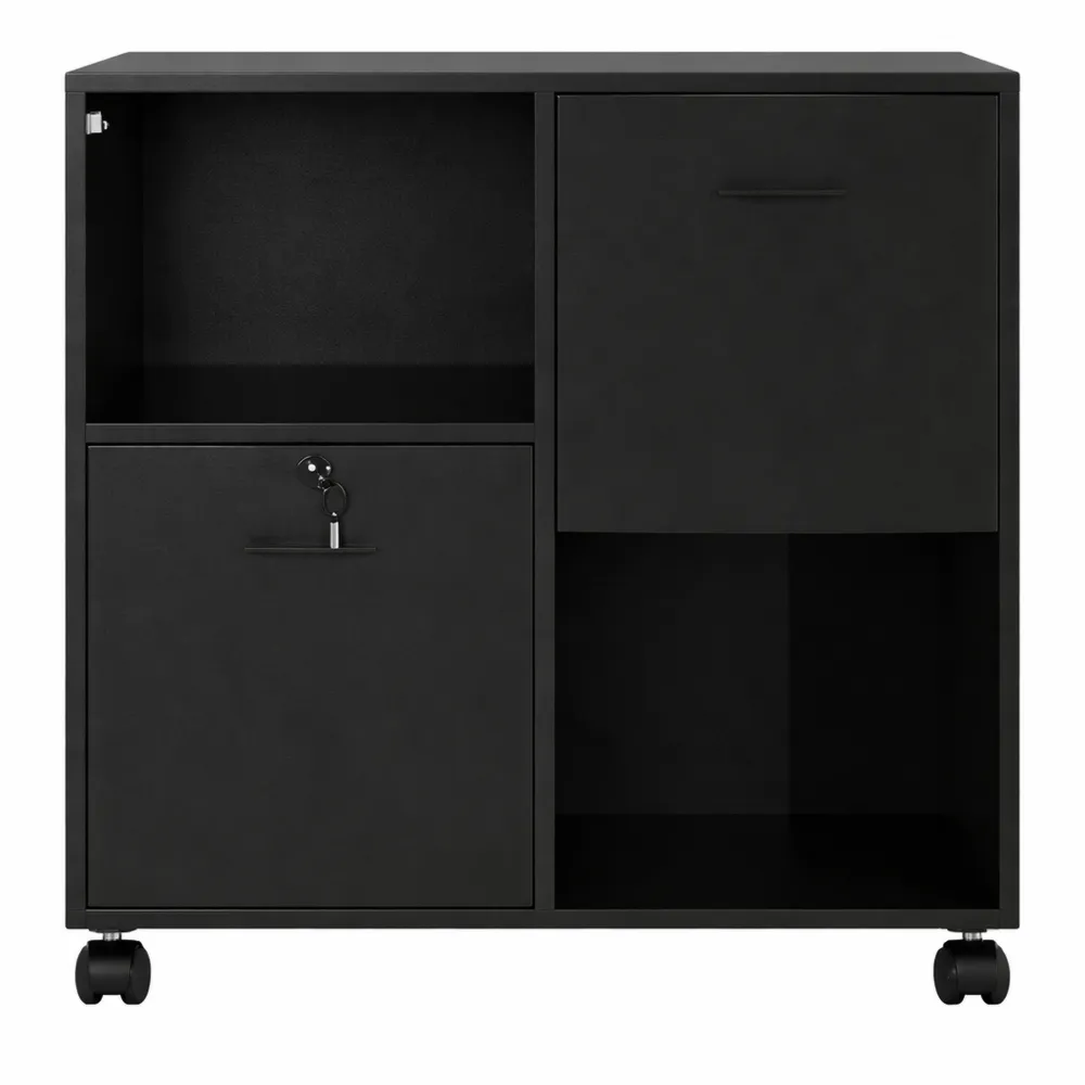 Cassettiera da ufficio con 2 cassetti e ripiani aperti, maniglie in acciaio, ruote con blocco, 80x40x66 cm, nero