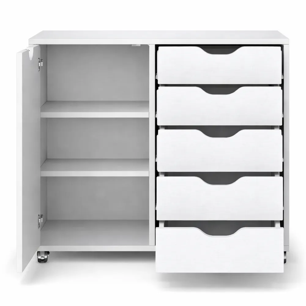 Cassettiera Ufficio con 5 Cassetti e Ruote, Mobile Porta Documenti e Stampante, Legno Bianco 79x39x65 cm