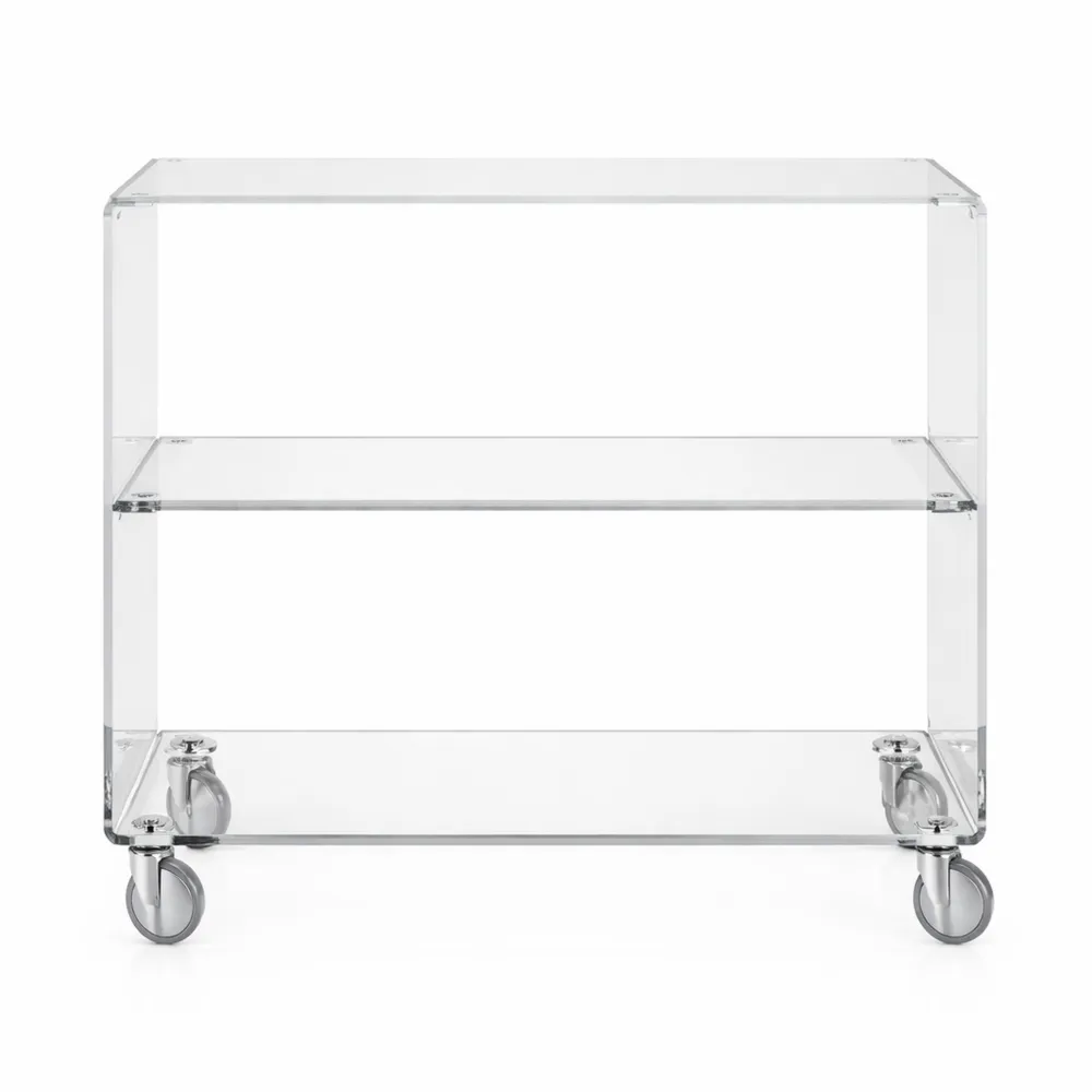Mobiletto con ruote in acrilico trasparente moderno a tre ripiani