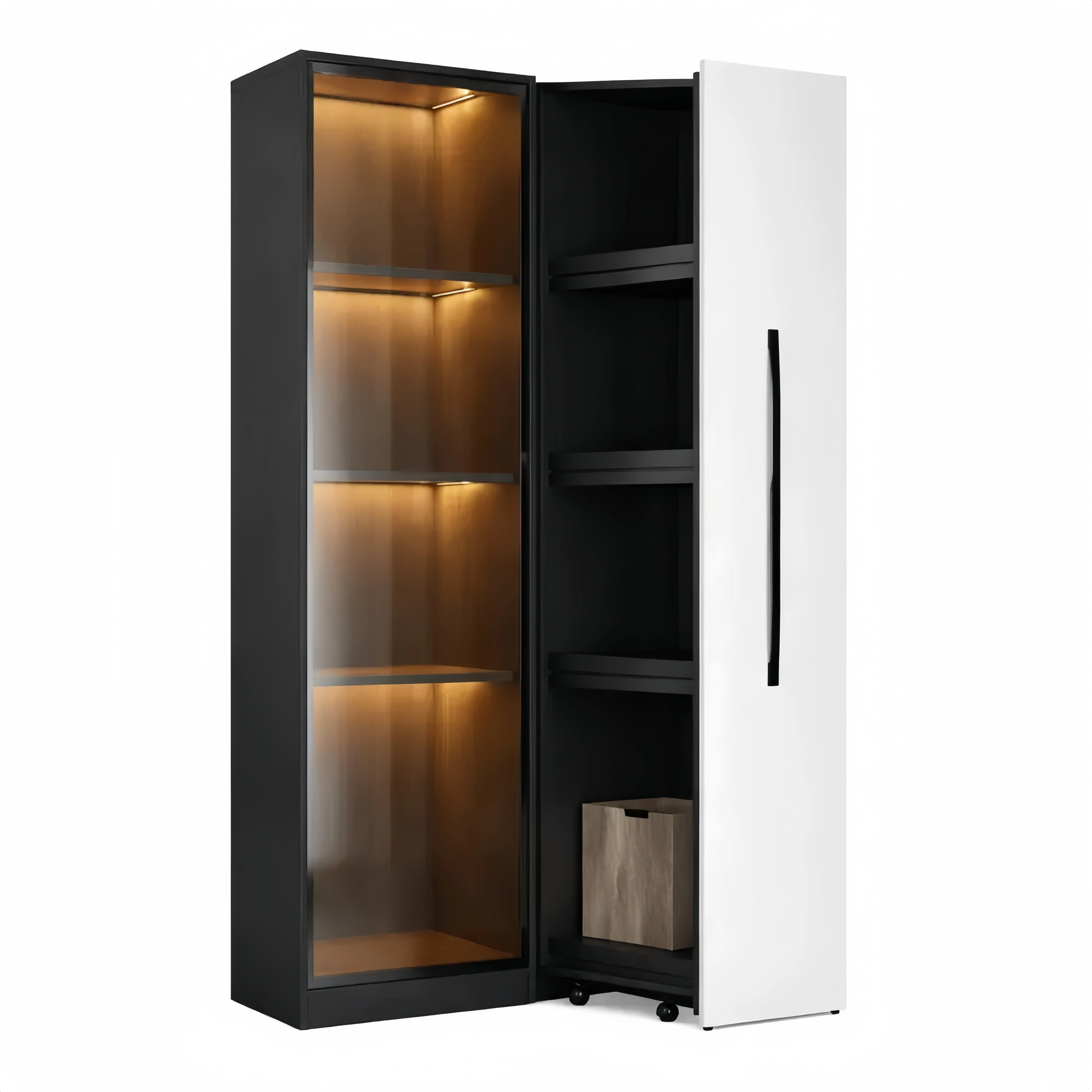 Libreria con ante in vetro e scaffale estraibile, armadietto con illuminazione a LED, bianco e nero