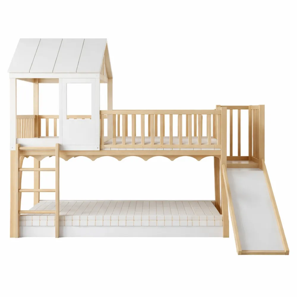 Letto a castello con scivolo e protezione anticaduta, struttura in pino naturale e bianco (90x200 cm)