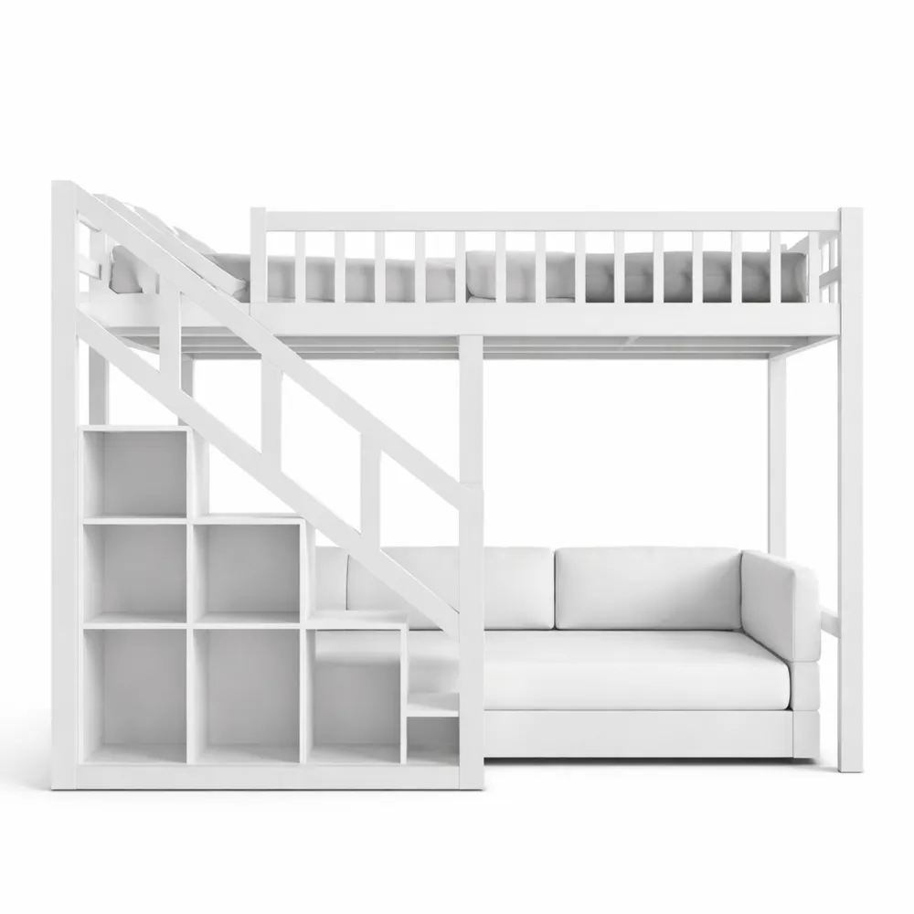 Letto a soppalco per bambini con vano portaoggetti, protezione anti-urto e recinzioni