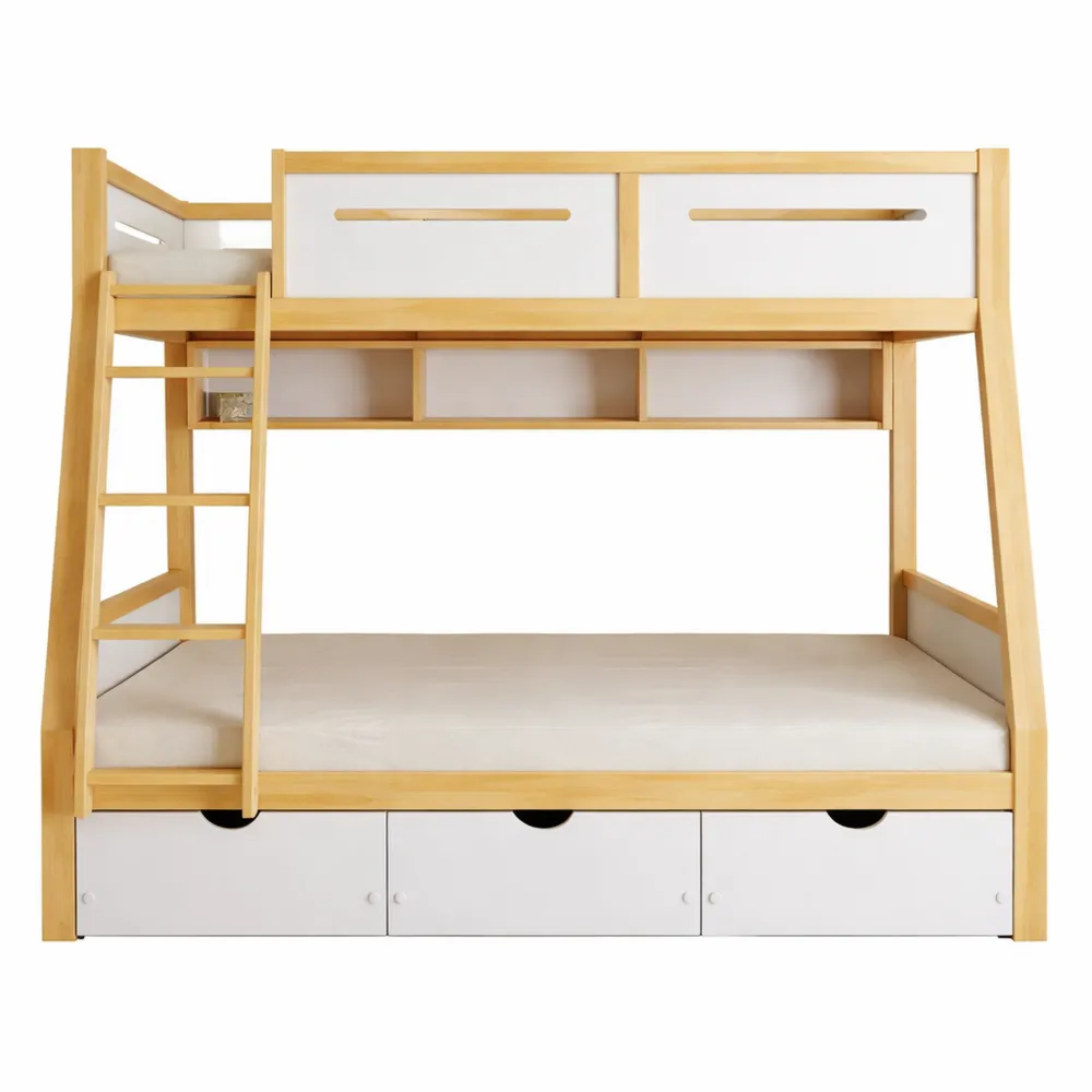Letto a castello multifunzione con cassetti e scala, bianco e naturale