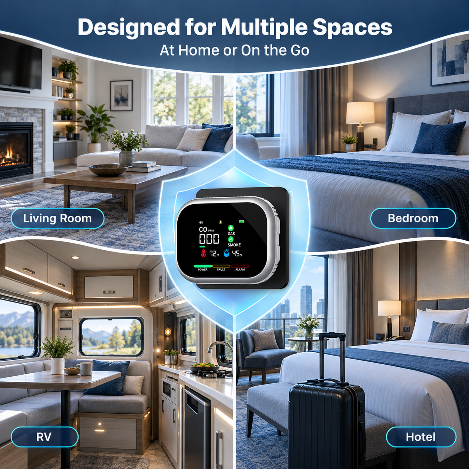 HD16 6-in-1 Carbon Monoxide Monitor with Real-Time Display, Gas & Smoke Detection, Temperature, Humidity and Battery Backup