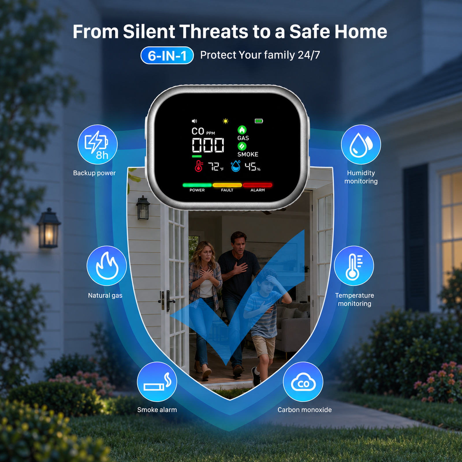 HD16 6-in-1 Carbon Monoxide Monitor with Real-Time Display, Gas & Smoke Detection, Temperature, Humidity and Battery Backup