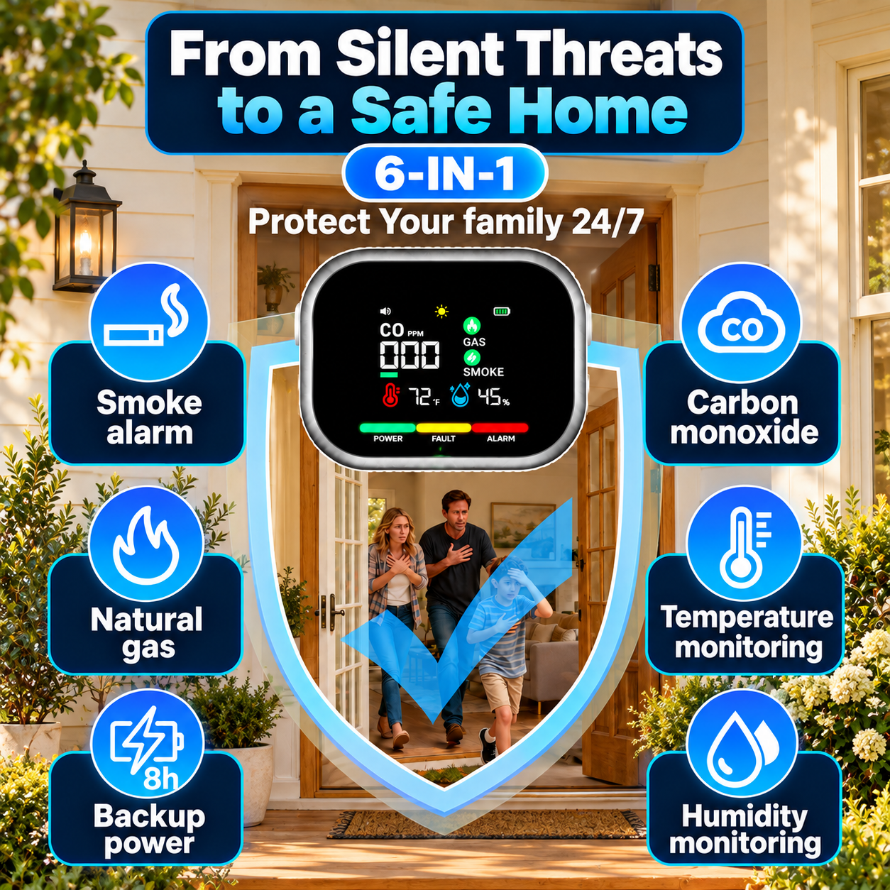 HD16 CO, Gas & Smoke Monitor — Clear Readings & Battery Backup