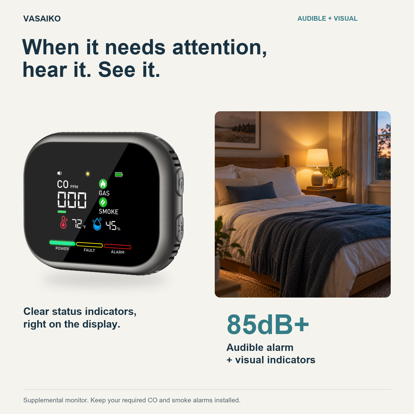 HD16 CO, Gas & Smoke Monitor — Clear Readings & Battery Backup