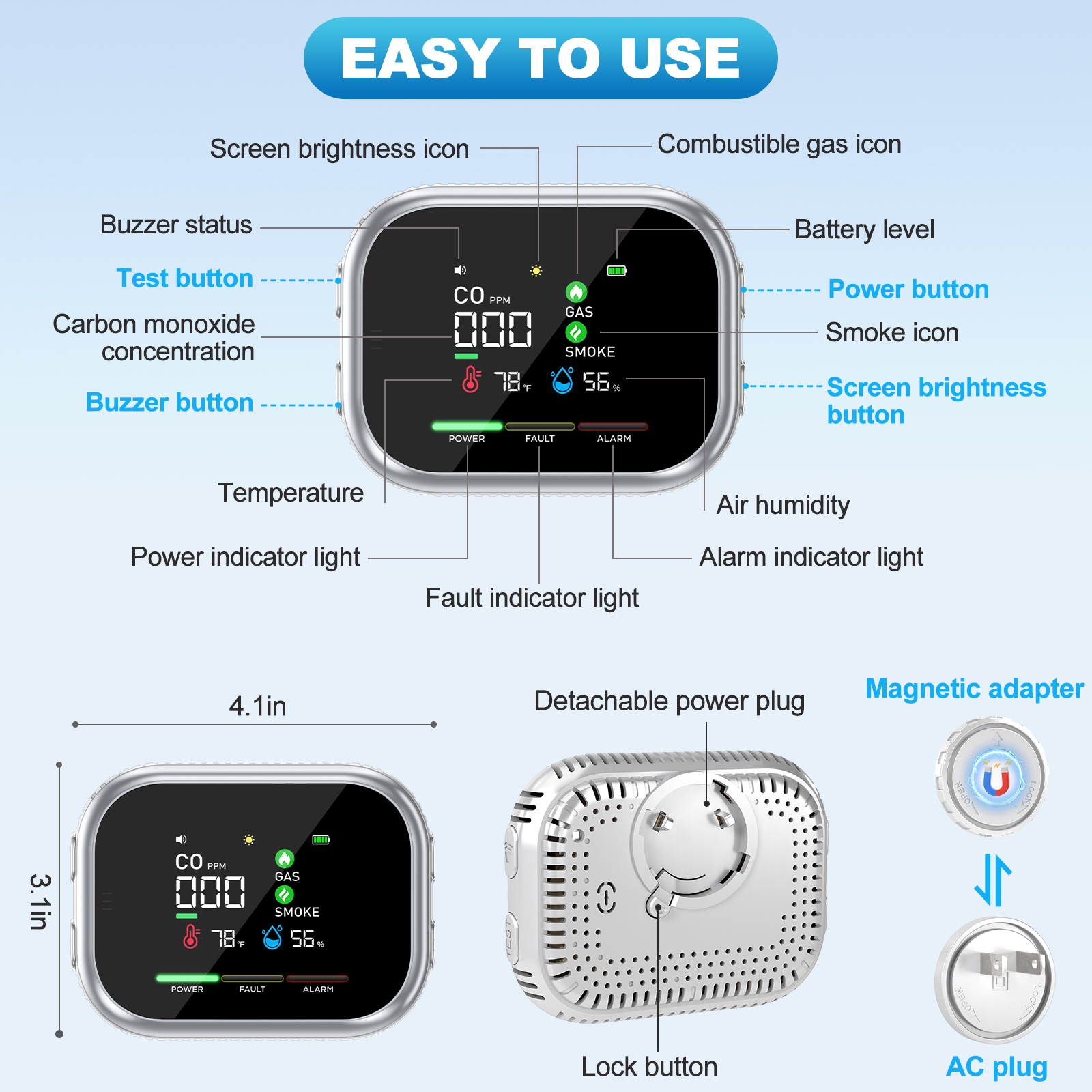 HD16 6-in-1 Carbon Monoxide Monitor with Real-Time Display, Gas & Smoke Detection, Temperature, Humidity and Battery Backup