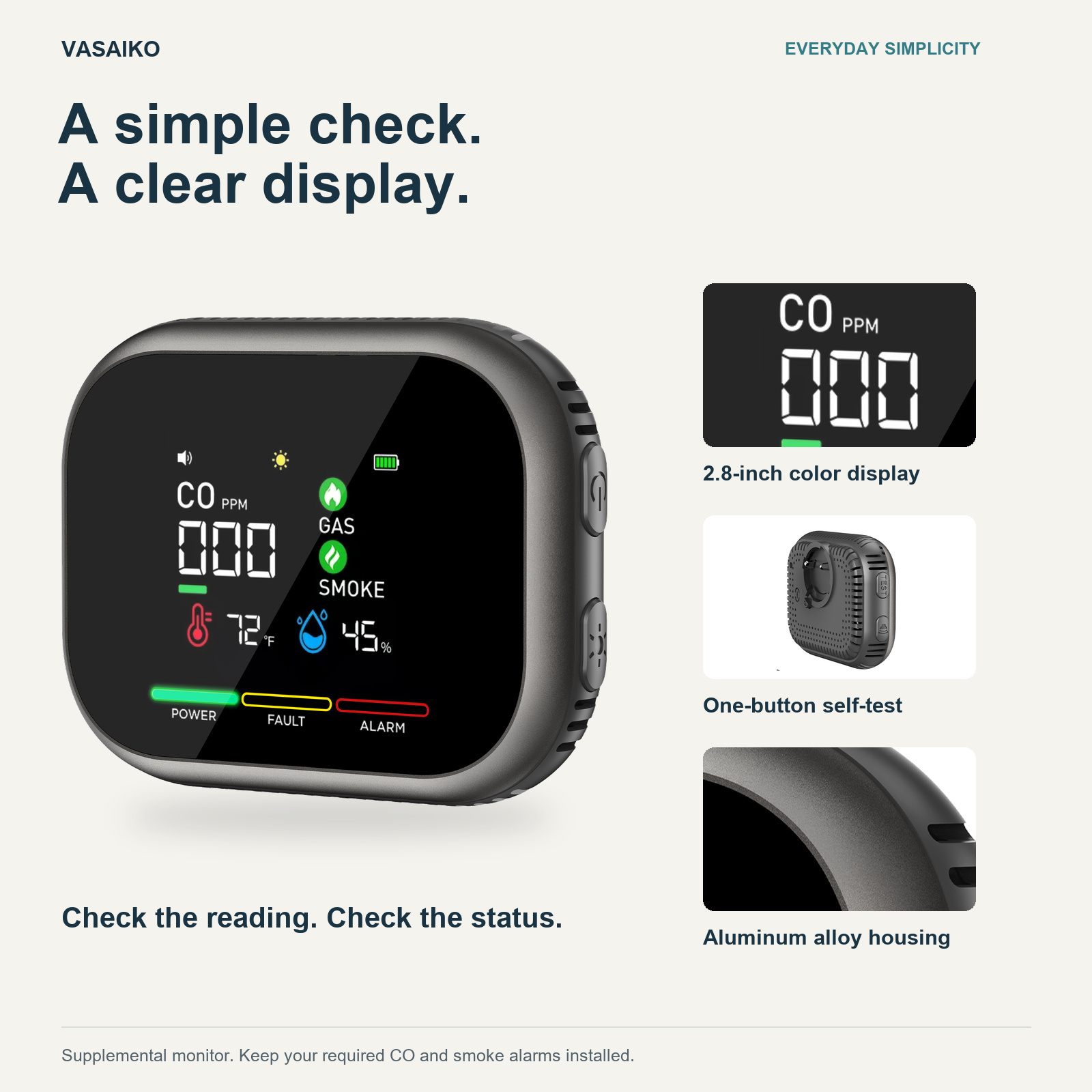 HD16 CO, Gas & Smoke Monitor — Clear Readings & Battery Backup