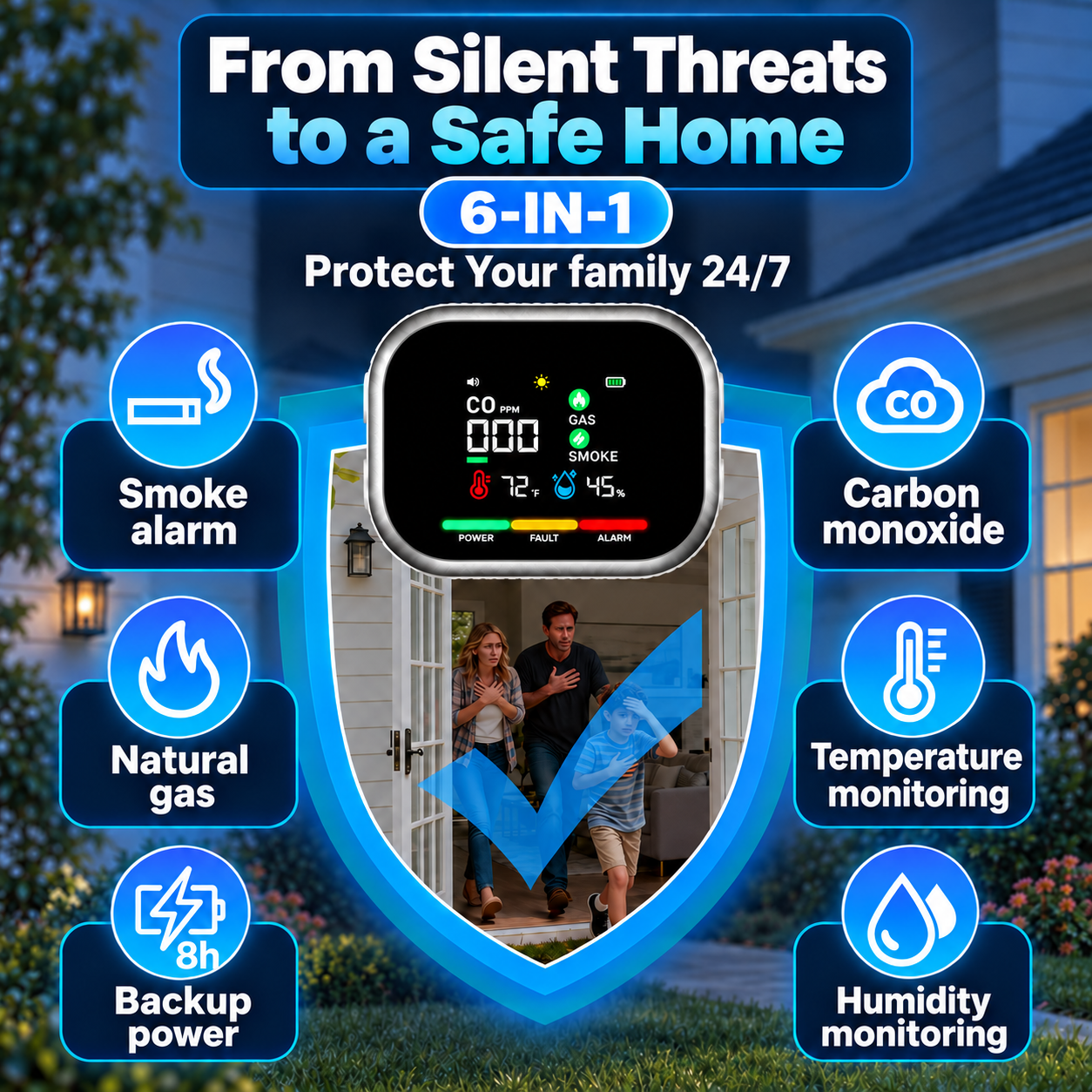HD16 6-in-1 Carbon Monoxide Monitor with Real-Time Display, Gas & Smoke Detection, Temperature, Humidity and Battery Backup