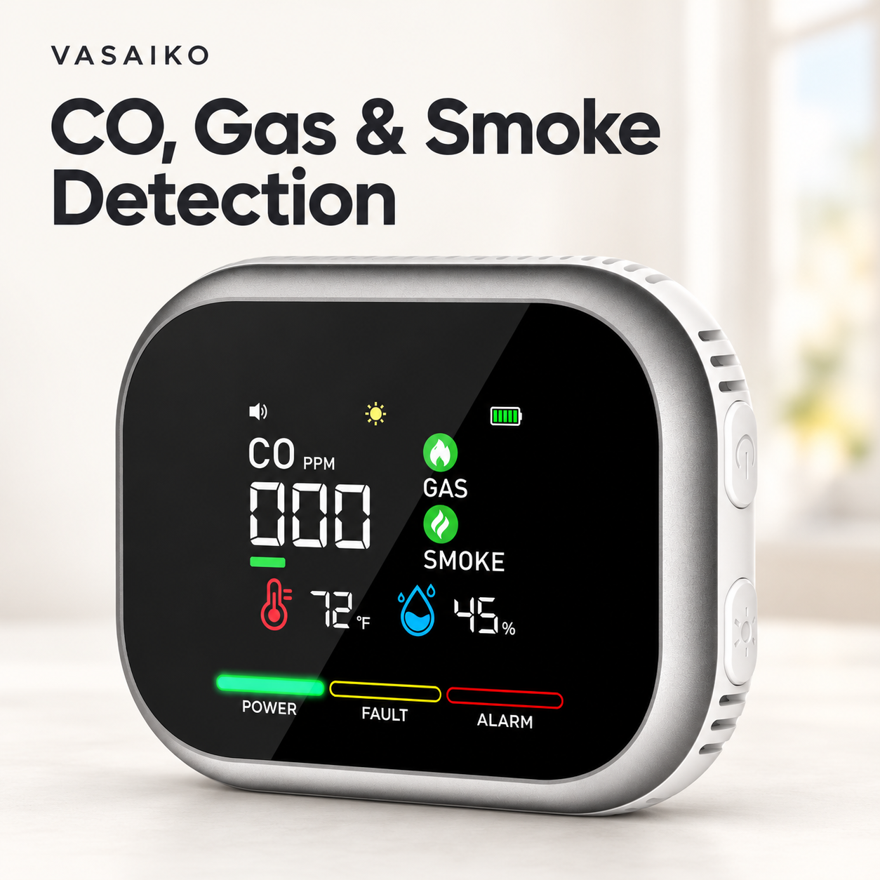 HD16 6-in-1 Carbon Monoxide Monitor with Real-Time Display, Gas & Smoke Detection, Temperature, Humidity and Battery Backup