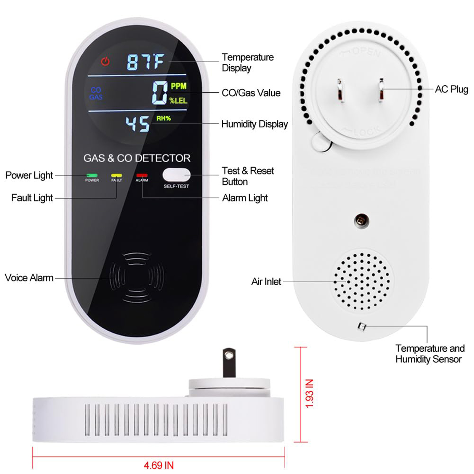 4-in-1 Carbon Monoxide Detectors, Natural Gas Leak Detector, Plug-in & Battery Backup Portable Co Detector, Co Gas Temp Humidity Sensor, HD Display Screen Vilfet, 1-Pcs, Black