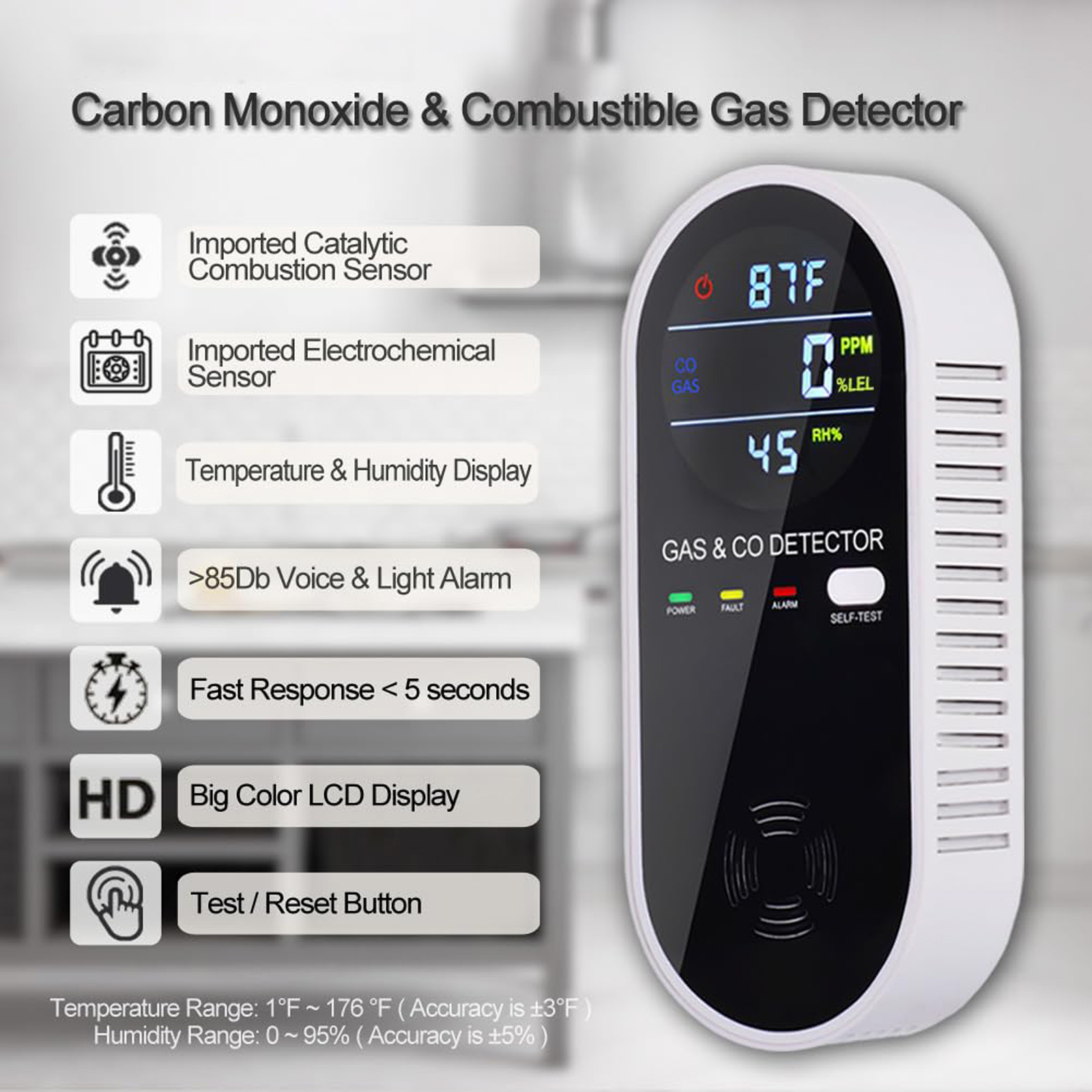 4-in-1 Carbon Monoxide Detectors, Natural Gas Leak Detector, Plug-in & Battery Backup Portable Co Detector, Co Gas Temp Humidity Sensor, HD Display Screen Vilfet, 1-Pcs, Black
