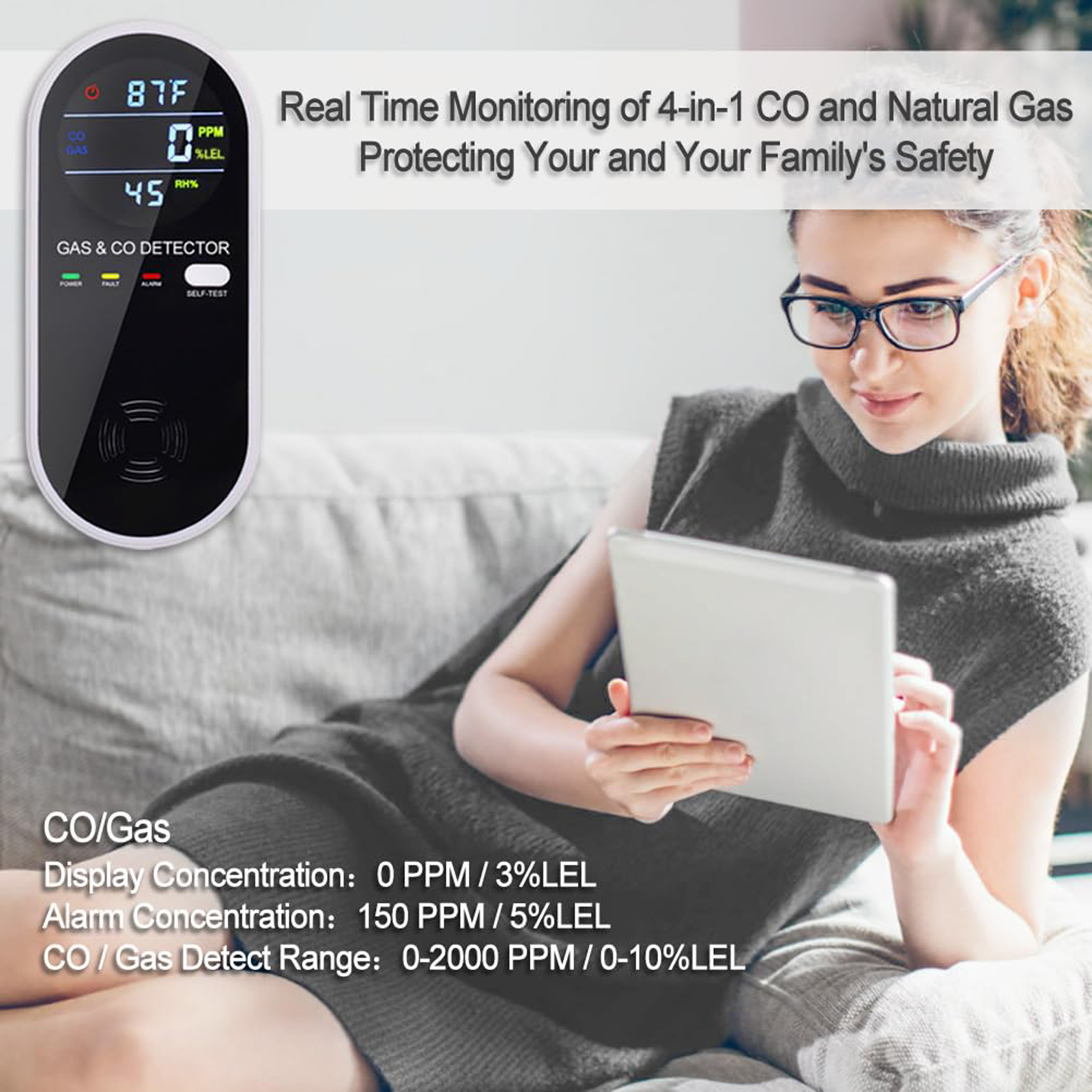 4-in-1 Carbon Monoxide Detectors, Natural Gas Leak Detector, Plug-in & Battery Backup Portable Co Detector, Co Gas Temp Humidity Sensor, HD Display Screen Vilfet, 1-Pcs, Black