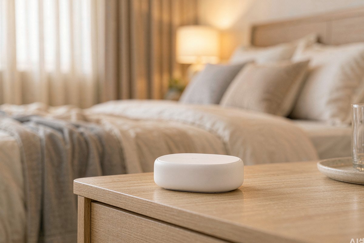 A small plain white rounded device in soft focus on a bedside table in a neutral vacation rental bedroom with warm lamp light
