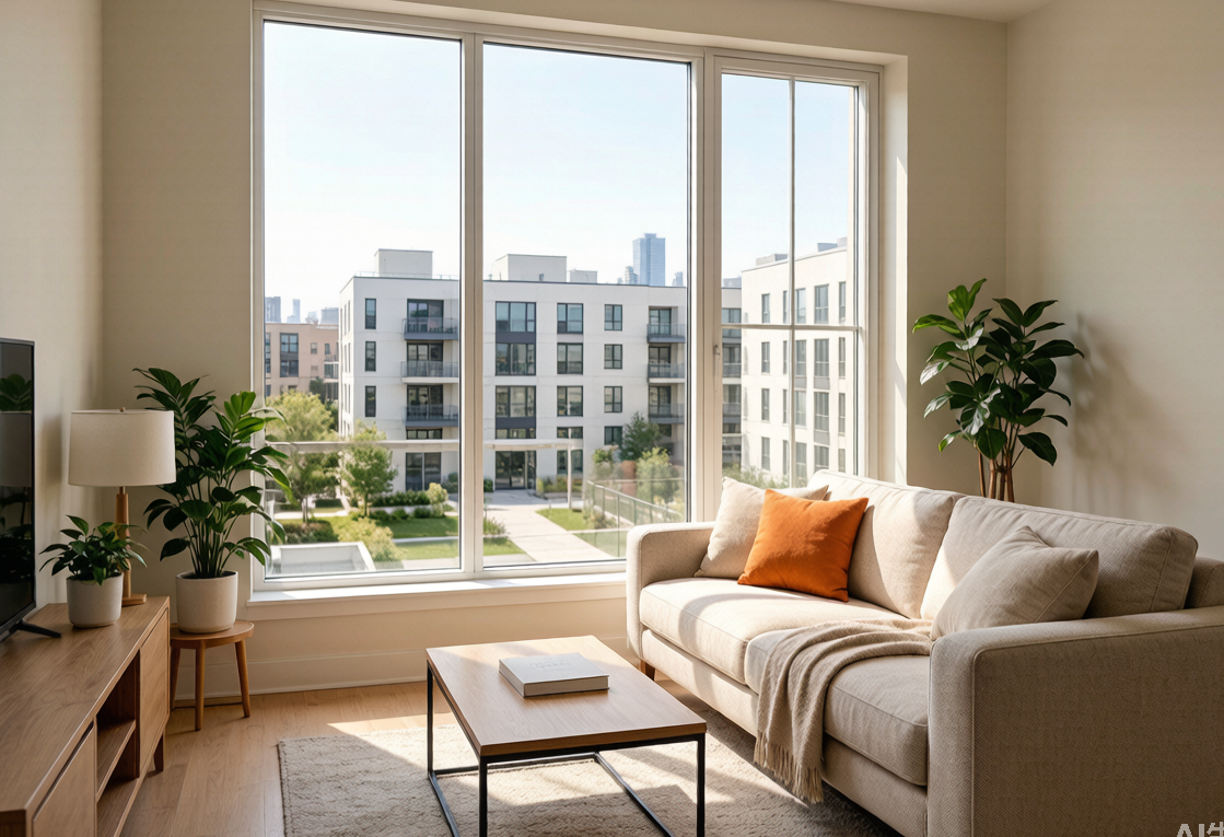 Bright modern American apartment living room with a large window overlooking neighboring apartment buildings across a courtyard — the kind of multi-family housing apartment CO detector laws are written for