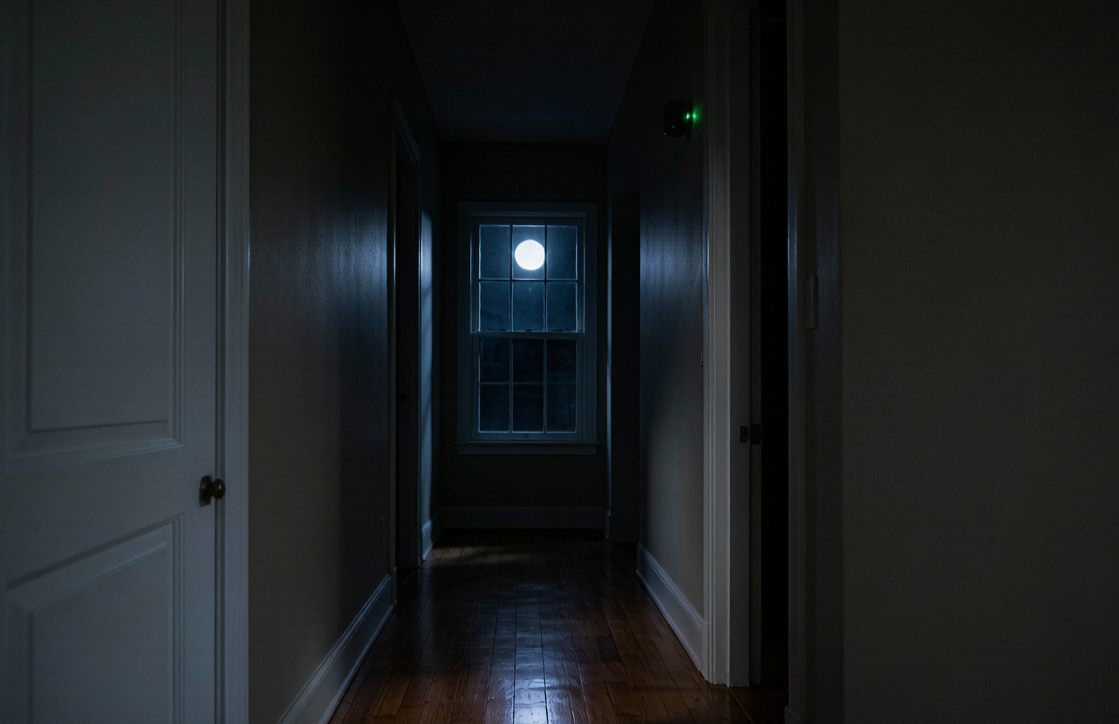 Dark residential hallway at night with a faint indicator light glowing from a wall-mounted air-quality sensor near the ceiling