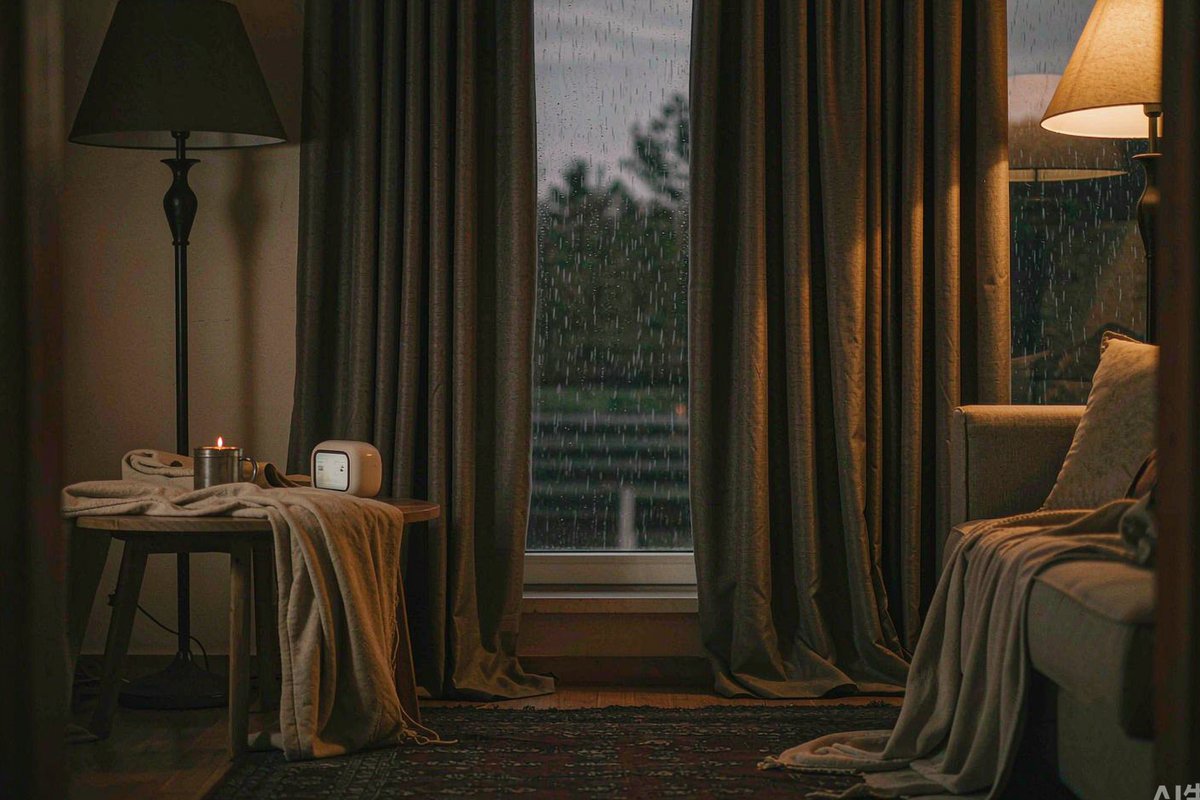 A small plain white rounded device in soft focus on a side table in a warm dim living room during a storm-related outage, candlelight and rain at the window