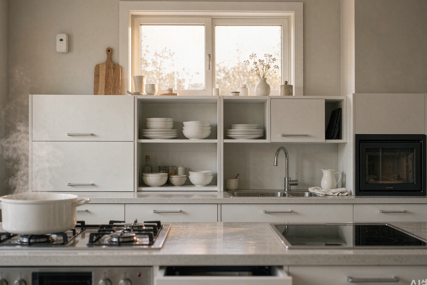 Photorealistic modern American home kitchen in the early morning, gentle steam rising from a pot on the stove, a small plain white rounded wall-mounted safety device in soft focus, warm natural light, calm everyday home scene