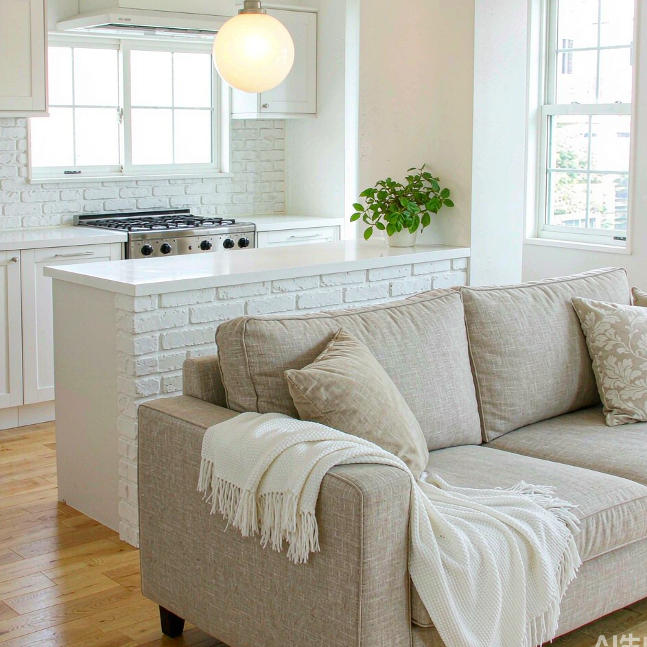 Modern American family home interior with a kitchen gas stove and a wall outlet, warm natural light, conveying home safety
