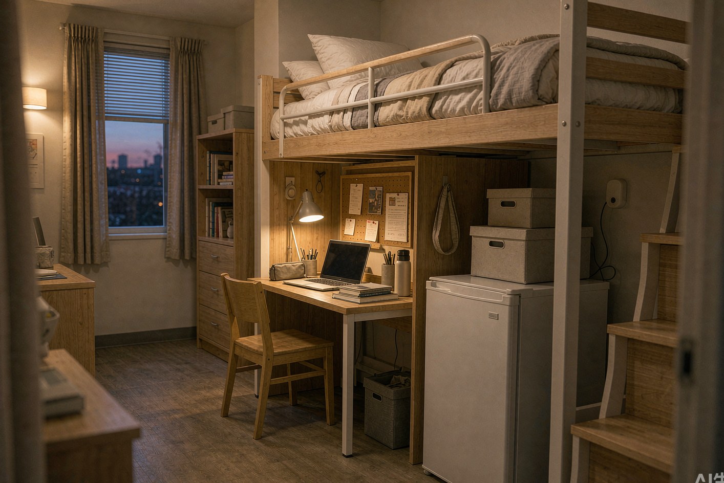 A tidy American college dorm room at night with a lofted bed, a small desk, and a mini fridge, a small plain white rounded device resting far away in soft focus on the desk, no logos, no people