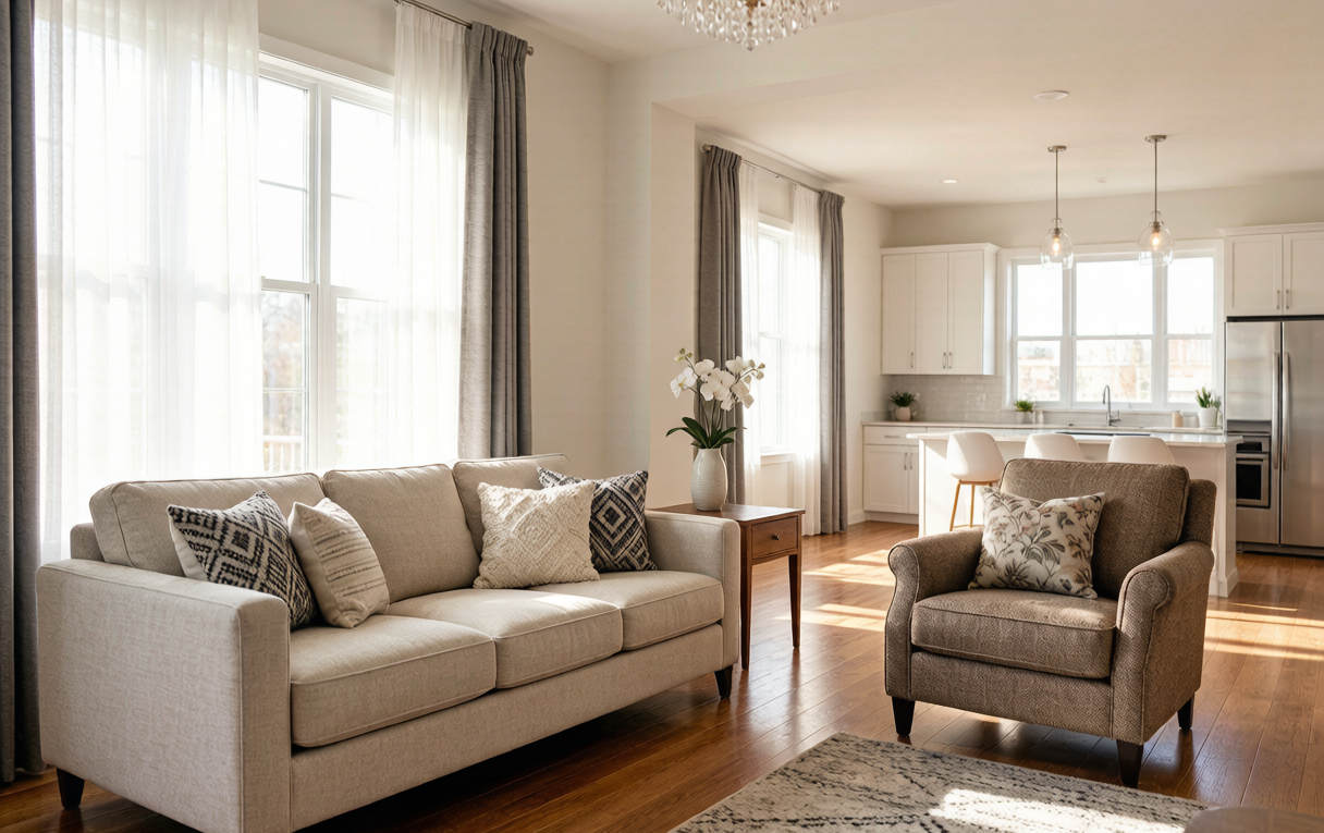 Bright modern open-plan living room with a glimpse of the kitchen — the spaces a whole-home gas and CO detector protects