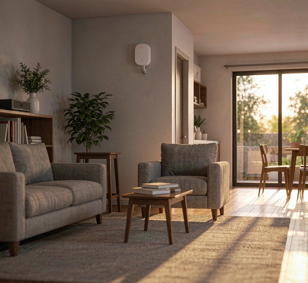Photorealistic modern American home living room, warm afternoon sunlight, a small plain white rounded wall-mounted safety device in soft focus, cozy safe atmosphere, home device maintenance concept